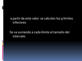 a partir de este valor se calculan los 9 limites
  inferiores

Se va sumando a cada límite el tamaño del
  intervalo
 