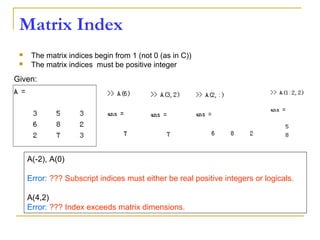 Matrix Index
 The matrix indices begin from 1 (not 0 (as in C))
 The matrix indices must be positive integer
Given:
A(-2), A(0)
Error: ??? Subscript indices must either be real positive integers or logicals.
A(4,2)
Error: ??? Index exceeds matrix dimensions.
 