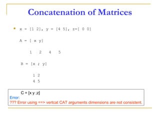 Concatenation of Matrices
 x = [1 2], y = [4 5], z=[ 0 0]
A = [ x y]
1 2 4 5
B = [x ; y]
1 2
4 5
C = [x y ;z]
Error:
??? Error using ==> vertcat CAT arguments dimensions are not consistent.
 