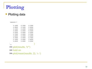 Plotting
 Plotting data
>> results = rand(10, 3)
>> plot(results, 'b*')
>> hold on
>> plot(mean(results, 2), ‘r.-’)
51
 