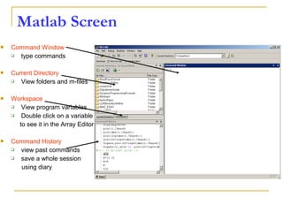 Matlab Screen
 Command Window
 type commands
 Current Directory
 View folders and m-files
 Workspace
 View program variables
 Double click on a variable
to see it in the Array Editor
 Command History
 view past commands
 save a whole session
using diary
 