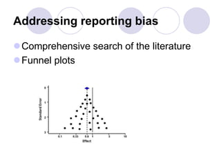Addressing reporting bias
Comprehensive search of the literature
Funnel plots
 