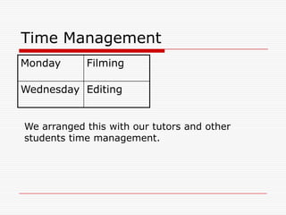 Time ManagementWe arranged this with our tutors and other students time management.
