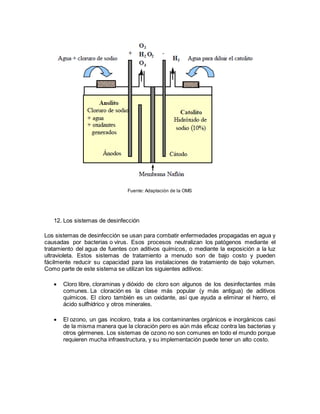 Fuente: Adaptación de la OMS
12. Los sistemas de desinfección
Los sistemas de desinfección se usan para combatir enfermedades propagadas en agua y
causadas por bacterias o virus. Esos procesos neutralizan los patógenos mediante el
tratamiento del agua de fuentes con aditivos químicos, o mediante la exposición a la luz
ultravioleta. Estos sistemas de tratamiento a menudo son de bajo costo y pueden
fácilmente reducir su capacidad para las instalaciones de tratamiento de bajo volumen.
Como parte de este sistema se utilizan los siguientes aditivos:
 Cloro libre, cloraminas y dióxido de cloro son algunos de los desinfectantes más
comunes. La cloración es la clase más popular (y más antigua) de aditivos
químicos. El cloro también es un oxidante, así que ayuda a eliminar el hierro, el
ácido sulfhídrico y otros minerales.
 El ozono, un gas incoloro, trata a los contaminantes orgánicos e inorgánicos casi
de la misma manera que la cloración pero es aún más eficaz contra las bacterias y
otros gérmenes. Los sistemas de ozono no son comunes en todo el mundo porque
requieren mucha infraestructura, y su implementación puede tener un alto costo.
 