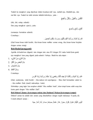 Taukid itu mengikuti yang diperkuat dalam keadaan rafa’-nya, nashab-nya, khafadh-nya, dan
ma’rifat nya. Taukid itu telah tertentu lafadzh-lafazhnya, yaitu :
ُْ‫ع‬َ‫م‬‫ج‬َ‫أ‬ َ‫,ْو‬ُّ‫ل‬ُ‫ك‬ َ‫ْو‬,ُ‫ن‬‫ي‬َ‫ع‬‫ال‬ َ‫,ْو‬ ُ‫س‬‫ف‬‫لن‬َ‫ا‬
(diri, diri, setiap, seluruh)
Dan yang mengikuti ajma’u, yaitu:
ُْ‫ع‬َ‫ص‬‫ب‬َ‫أ‬ َ‫,ْو‬ُ‫ع‬َ‫ت‬‫ب‬َ‫أ‬ َ‫,ْو‬ُ‫ع‬َ‫ت‬‫ك‬َ‫أ‬
(semuanya bermakna seluruh)
Contohnya :
َْ‫ين‬ِ‫ع‬َ‫م‬‫ج‬َ‫ْأ‬ِ‫م‬‫و‬َ‫ق‬‫ال‬ِ‫ب‬ُْ‫ت‬‫ر‬َ‫ر‬َ‫م‬َ‫,ْو‬‫م‬ُ‫ه‬‫ل‬ُ‫ك‬َْ‫م‬‫و‬َ‫ق‬‫ل‬َ‫ا‬ُْ‫ت‬‫ي‬َ‫أ‬ َ‫ر‬َ‫ُ,ْو‬‫ه‬ُ‫س‬‫َف‬‫ن‬ٌْ‫د‬‫ي‬ َ‫ْز‬َ‫ام‬َ‫ق‬.
(Zaid benar-benar telah berdiri, Aku benar-benar melihat semua orang, Aku benar-benar berjalan
dengan semua orang)
Bab Badal(pengganti)
Apabila di-badal-kan (diganti) isim dengan isim atau fi’il dengan fi’il maka badal (kata ganti)
nya mengikuti kata yang diganti pada seluruh i’rabnya. Badal itu ada empat :
1. ْ‫ن‬ِ‫ْم‬ِ‫ء‬‫ي‬‫لش‬َ‫ا‬ُْ‫ل‬َ‫د‬َ‫ب‬ِْ‫ء‬‫ي‬‫لش‬َ‫ا‬
2. ِْ‫ل‬ُ‫ك‬‫ل‬َ‫ا‬ْ‫ن‬ِ‫ْم‬ ِ‫ض‬‫ع‬َ‫ب‬‫ل‬َ‫ا‬ُْ‫ل‬َ‫د‬َ‫ب‬
3. ِْ‫ال‬َ‫م‬ِ‫ت‬‫ش‬ ِ‫َل‬َ‫ا‬ُْ‫ل‬َ‫د‬َ‫ب‬
4. ِْ‫ط‬َ‫ل‬َ‫غ‬‫ل‬َ‫ا‬ُْ‫ل‬َ‫د‬َ‫ب‬ َ‫و‬
Contohnya:
“َْ‫س‬ َ‫ر‬َ‫ف‬‫ل‬َ‫ا‬ْ‫ًا‬‫د‬‫ي‬ َ‫تُْز‬‫ي‬َ‫أ‬ َ‫ر‬َ‫ُ,ْو‬‫ه‬ُ‫م‬‫ل‬ِ‫ٌْع‬‫د‬‫ي‬ َ‫يْز‬ِ‫ن‬َ‫ع‬َ‫ف‬َ‫ن‬ َ‫ُ,ْو‬‫ه‬َ‫ث‬ُ‫ل‬ُ‫ث‬َْ‫يف‬ِ‫غ‬‫لر‬َ‫ا‬ُْ‫ت‬‫ل‬َ‫ك‬َ‫أ‬ َ‫,ْو‬َ‫وك‬ُ‫خ‬َ‫ٌْأ‬‫د‬‫ي‬ َ‫ْز‬َ‫ام‬َ‫ق‬
(Zaid, saudaramu, telah berdiri – Aku makan roti sepertiganya – Ilmu Zaid bermanfaat untuk ku
– Aku melihat Zaid, (maaf) maksudnya kuda)
Sebetulnya yang ingin kau ucapkan adalah “Aku melihat kuda”, akan tetapi kamu salah ucap dan
kamu ganti dengan “Aku melihat Zaid”.
Bab Dzharaf Zaman (keterangan waktu) dan Dzaharaf Makan (keterangan tempat)
Dzharaf zaman itu adalah isim zaman yang dinashabkan dengan taqdir maknanya fi (pada, di).
Contoh dzharaf zaman :
ْ,ً‫ة‬َ‫م‬َ‫ت‬َ‫ع‬ْ,‫ًا‬‫د‬َ‫غ‬ْ,‫ا‬ ً‫ر‬َ‫ح‬َ‫س‬ْ,ً‫ة‬َ‫ر‬‫ك‬ُ‫ب‬ْ,ً‫ة‬َ‫و‬‫َد‬‫غ‬ْ,ِ‫ة‬َ‫ل‬‫ي‬‫,ْالل‬ِ‫م‬‫و‬َ‫ي‬‫ل‬َ‫ا‬‫ا‬ً‫ن‬‫ي‬ ِ‫ًا,ْح‬‫د‬َ‫م‬َ‫ًا,ْأ‬‫د‬َ‫ب‬َ‫,ْأ‬ً‫ء‬‫ا‬َ‫س‬َ‫ا,ْم‬ً‫اح‬َ‫ب‬َ‫ص‬
 