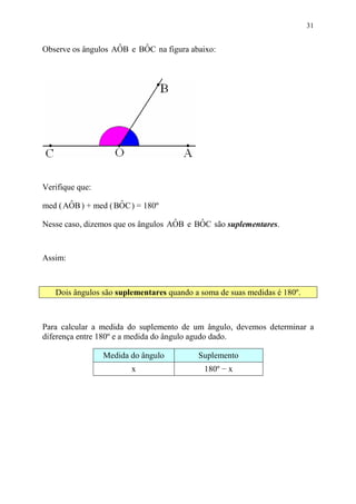 31


                    ˆ     ˆ
Observe os ângulos AOB e BOC na figura abaixo:




Verifique que:
       ˆ             ˆ
med ( AOB ) + med ( BOC ) = 180º
                                    ˆ     ˆ
Nesse caso, dizemos que os ângulos AOB e BOC são suplementares.



Assim:



   Dois ângulos são suplementares quando a soma de suas medidas é 180º.



Para calcular a medida do suplemento de um ângulo, devemos determinar a
diferença entre 180º e a medida do ângulo agudo dado.

                 Medida do ângulo         Suplemento
                        x                   180º − x
 