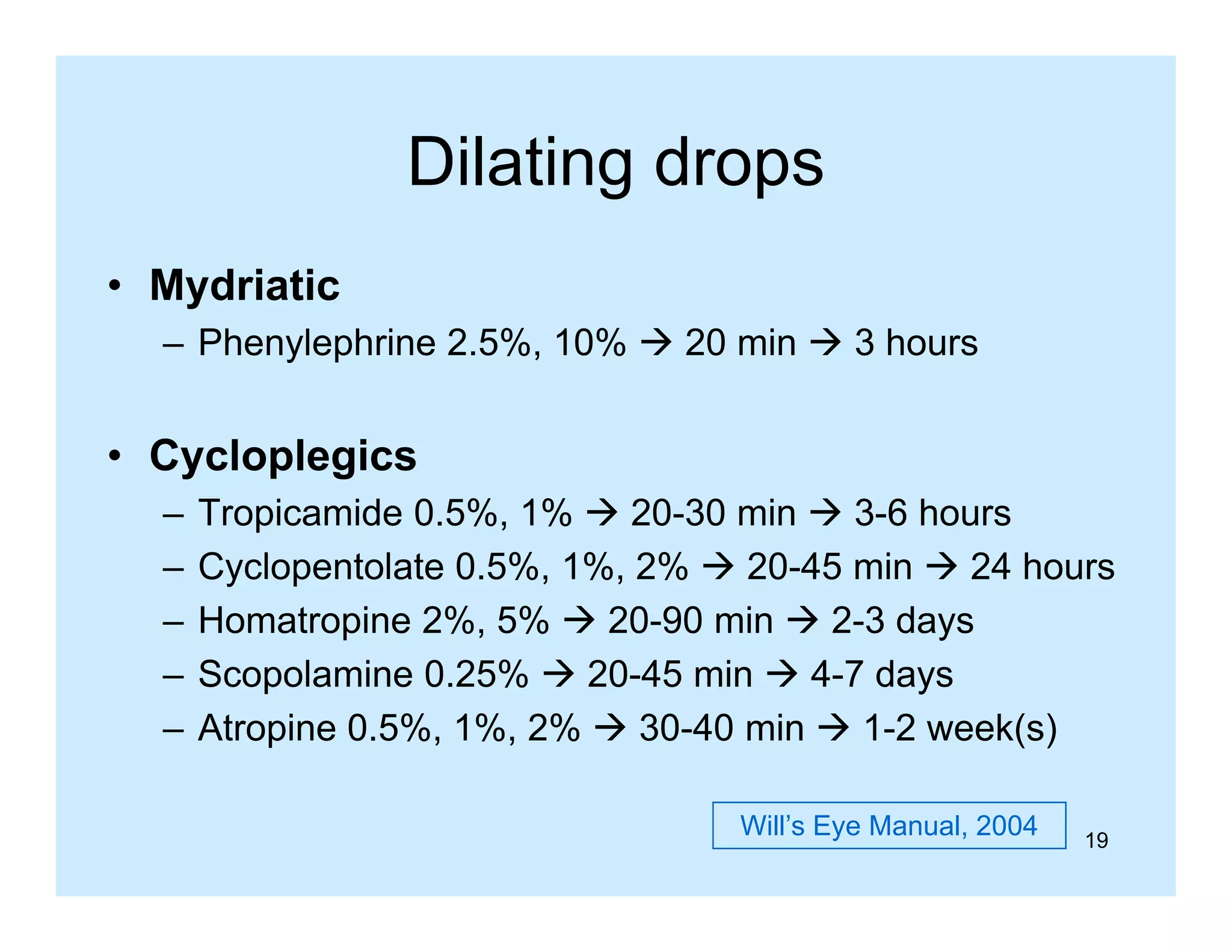 Dilating drops
• Mydriatic
– Phenylephrine 2.5%, 10%  20 min  3 hours

• Cycloplegics
–
–
–
–
–

Tropicamide 0.5%, 1%  20-30 min  3-6 hours
Cyclopentolate 0.5%, 1%, 2%  20-45 min  24 hours
Homatropine 2%, 5%  20-90 min  2-3 days
Scopolamine 0.25%  20-45 min  4-7 days
Atropine 0.5%, 1%, 2%  30-40 min  1-2 week(s)
Will’s Eye Manual, 2004

19

 
