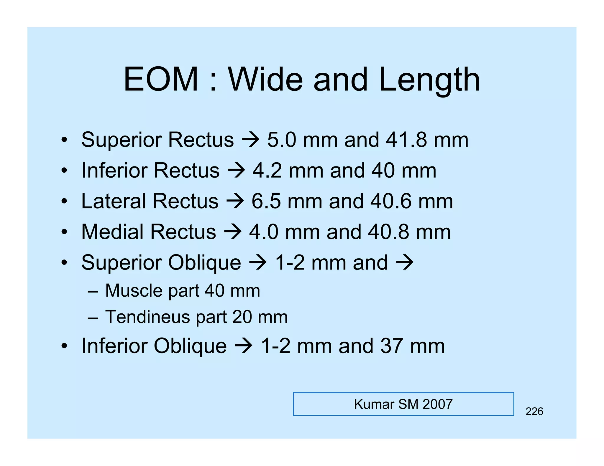 EOM : Wide and Length
•
•
•
•
•

Superior Rectus  5.0 mm and 41.8 mm
Inferior Rectus  4.2 mm and 40 mm
Lateral Rectus  6 5 mm and 40.6 mm
6.5
40 6
Medial Rectus  4.0 mm and 40.8 mm
Superior Oblique  1 2 mm and 
1-2
– Muscle part 40 mm
– Tendineus part 20 mm

• Inferior Oblique  1-2 mm and 37 mm
Kumar SM 2007

226

 