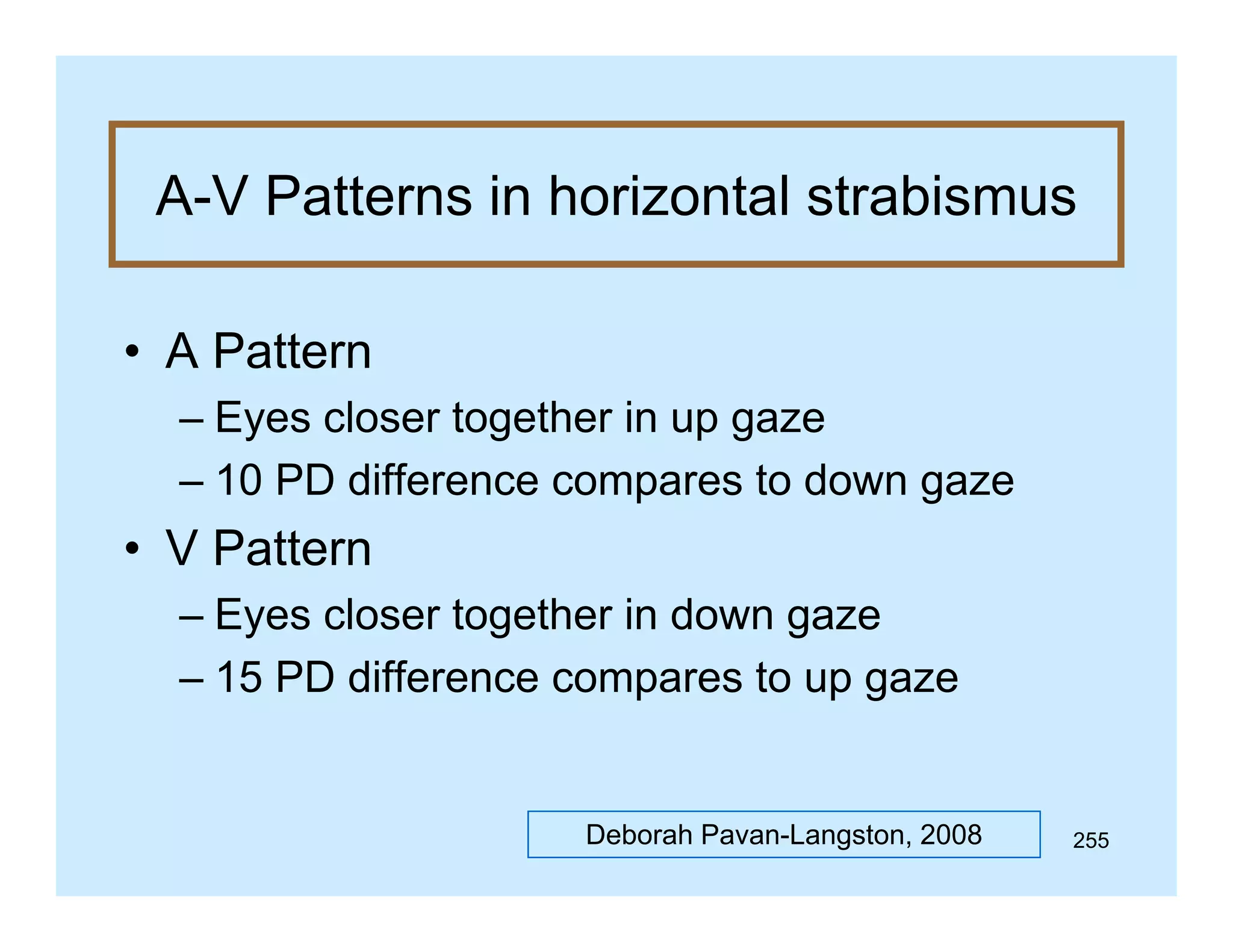 A-V Patterns in horizontal strabismus
A V P tt
i h i
t l t bi
• A Pattern
– Eyes closer together in up gaze
– 10 PD difference compares to down gaze

• V P tt
Pattern
– Eyes closer together in down gaze
– 15 PD difference compares to up gaze

Deborah Pavan-Langston, 2008

255

 