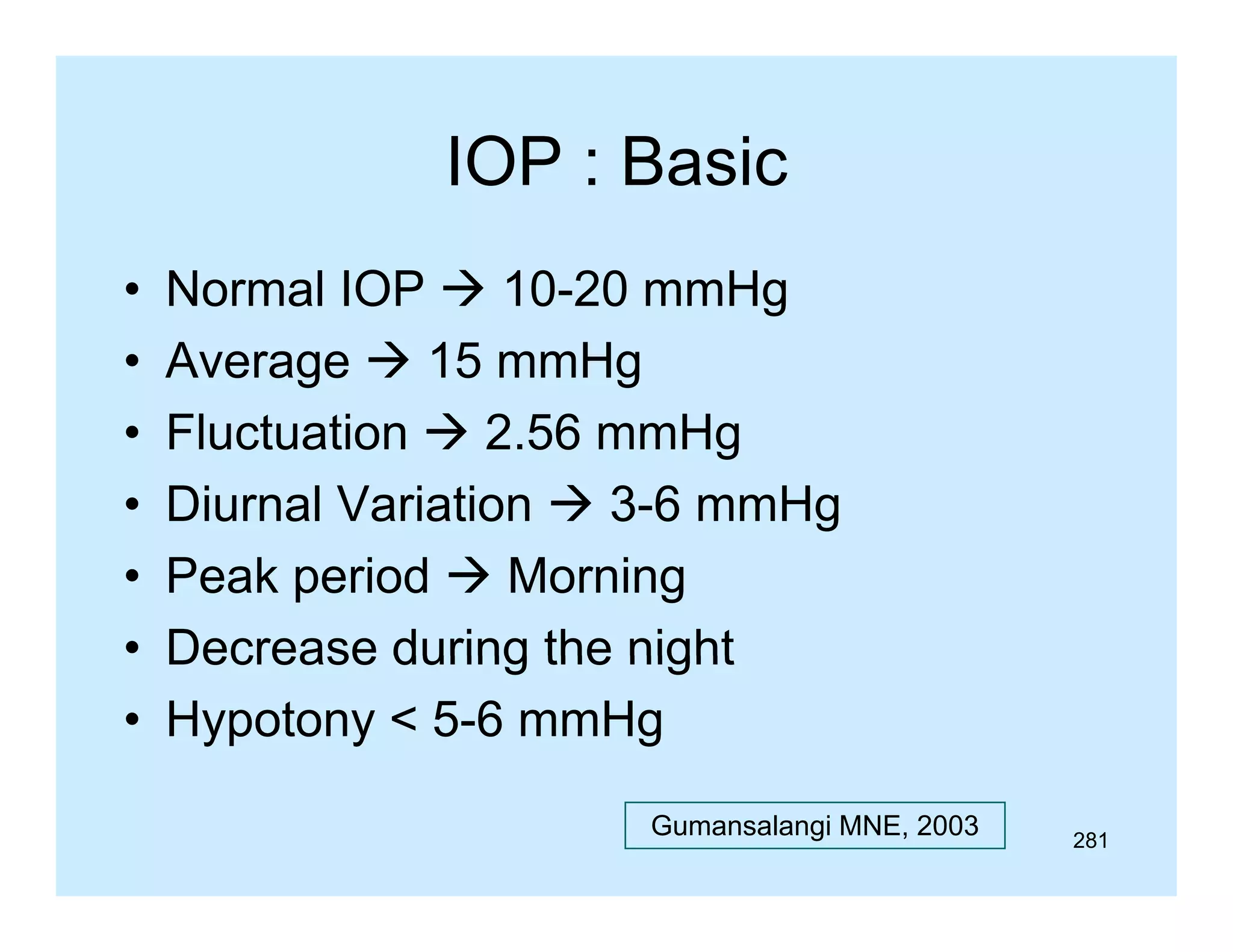 IOP : Basic
•
•
•
•
•
•
•

Normal IOP  10-20 mmHg
10 20
Average  15 mmHg
Fluctuation
Fl t ti  2 56 mmHg
2.56
H
Diurnal Variation  3-6 mmHg
Peak period  Morning
Decrease during the night
Hypotony < 5-6 mmHg
Gumansalangi MNE, 2003

281

 
