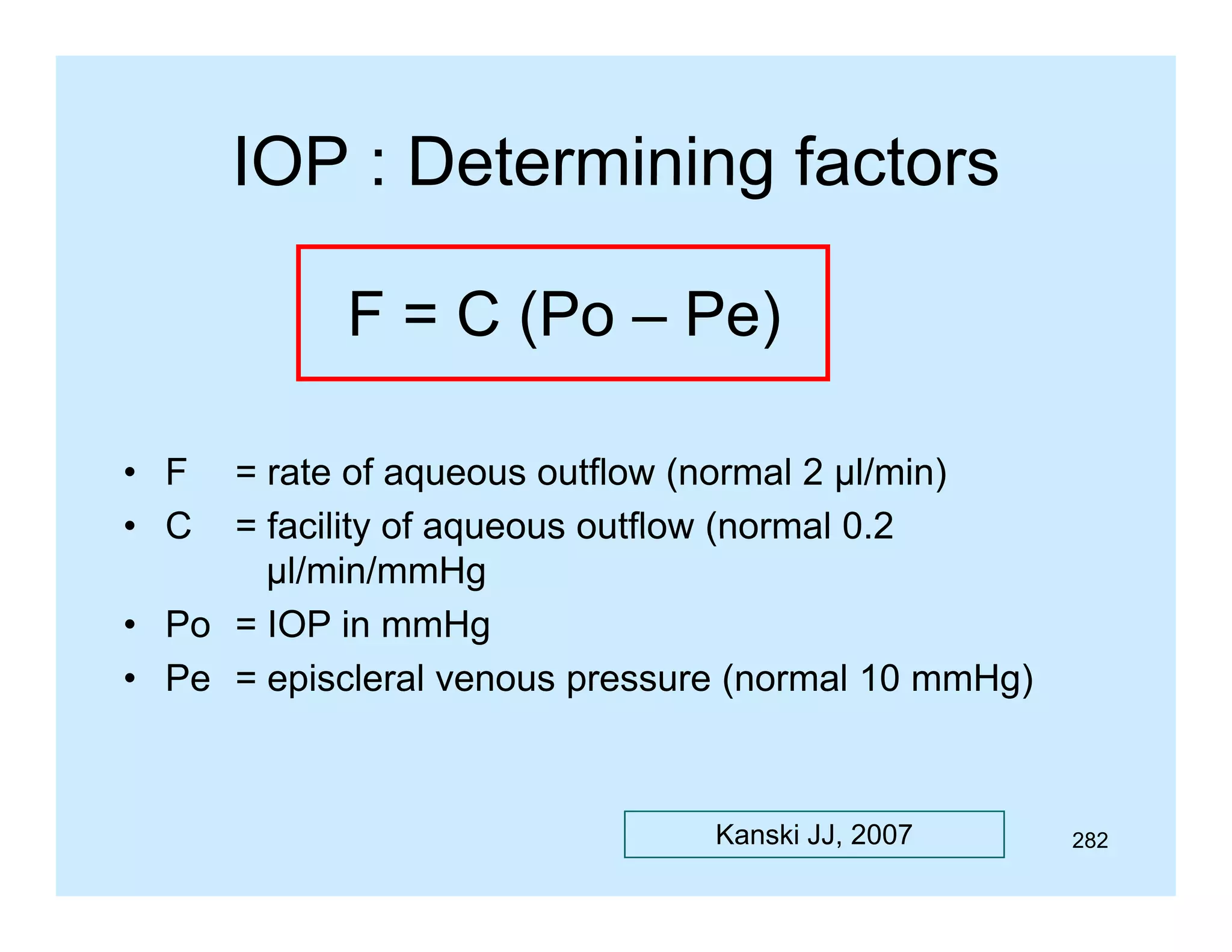 IOP : Determining factors
F = C (P – P )
(Po Pe)
• F
• C

= rate of aqueous outflow (normal 2 µl/min)
= facility of aqueous outflow (normal 0.2
µl/min/mmHg
• Po = IOP in mmHg
• Pe = episcleral venous pressure (normal 10 mmHg)

Kanski JJ, 2007

282

 