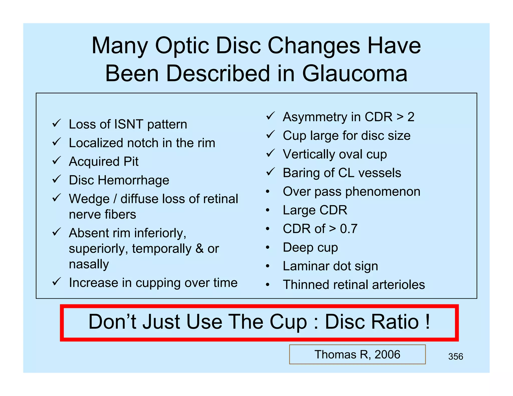 Many Optic Disc Changes Have
Been Described in Glaucoma
Loss of ISNT pattern
Localized notch in the rim
Acquired Pit
Disc Hemorrhage
Wedge / diffuse loss of retinal
nerve fibers
 Absent rim inferiorly,
superiorly, temporally & or
nasally
 Increase in cupping over time










•
•
•
•
•
•

Asymmetry in CDR > 2
y
y
Cup large for disc size
Vertically oval cup
Baring of CL vessels
Over pass phenomenon
Large CDR
CDR of > 0.7
Deep cup
Laminar dot sign
g
Thinned retinal arterioles

Don t
Don’t Just Use The Cup : Disc Ratio !
Thomas R, 2006

356

 