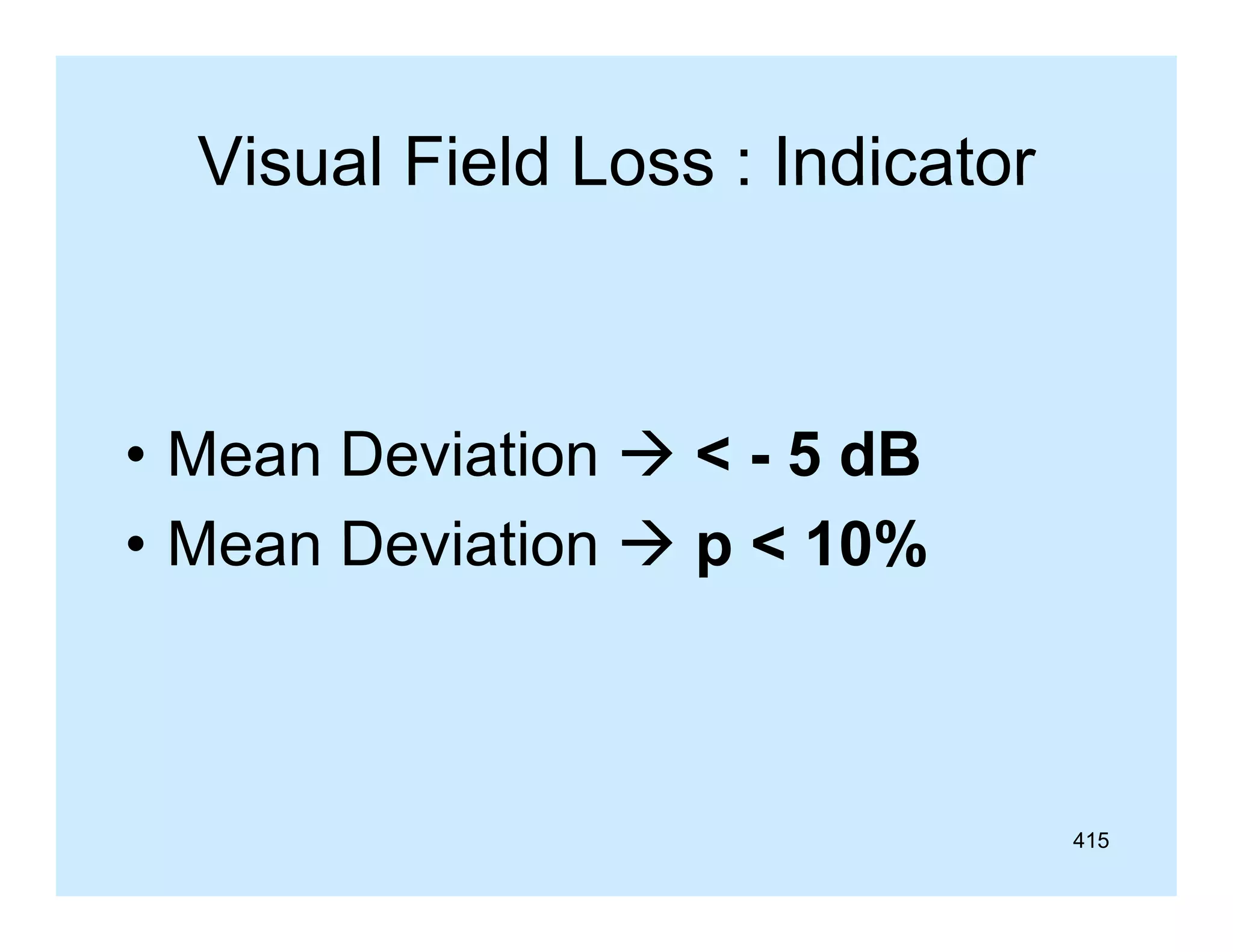 Visual Field Loss : Indicator

• Mean Deviation  < - 5 dB
• Mean Deviation  p < 10%

415

 