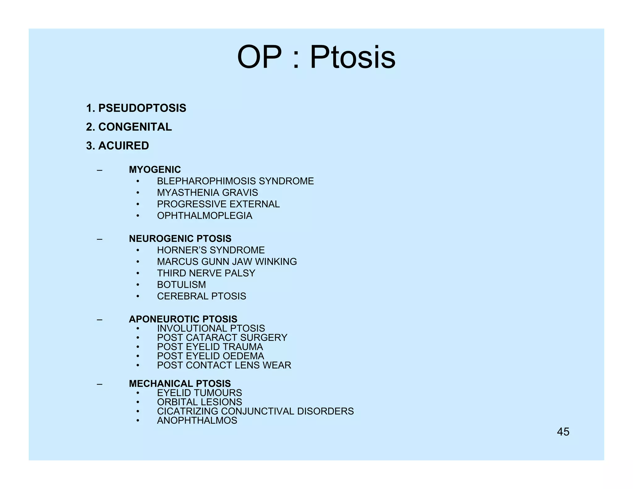 OP : Ptosis
1. PSEUDOPTOSIS
2. CONGENITAL
3. ACUIRED
–

MYOGENIC
•
BLEPHAROPHIMOSIS SYNDROME
•
MYASTHENIA GRAVIS
•
PROGRESSIVE EXTERNAL
•
OPHTHALMOPLEGIA

–

NEUROGENIC PTOSIS
•
HORNER’S SYNDROME
•
MARCUS GUNN JAW WINKING
•
THIRD NERVE PALSY
•
BOTULISM
•
CEREBRAL PTOSIS

–

APONEUROTIC PTOSIS
•
INVOLUTIONAL PTOSIS
•
POST CATARACT SURGERY
•
POST EYELID TRAUMA
•
POST EYELID OEDEMA
•
POST CONTACT LENS WEAR

–

MECHANICAL PTOSIS
•
EYELID TUMOURS
•
ORBITAL LESIONS
•
CICATRIZING CONJUNCTIVAL DISORDERS
•
ANOPHTHALMOS

45

 