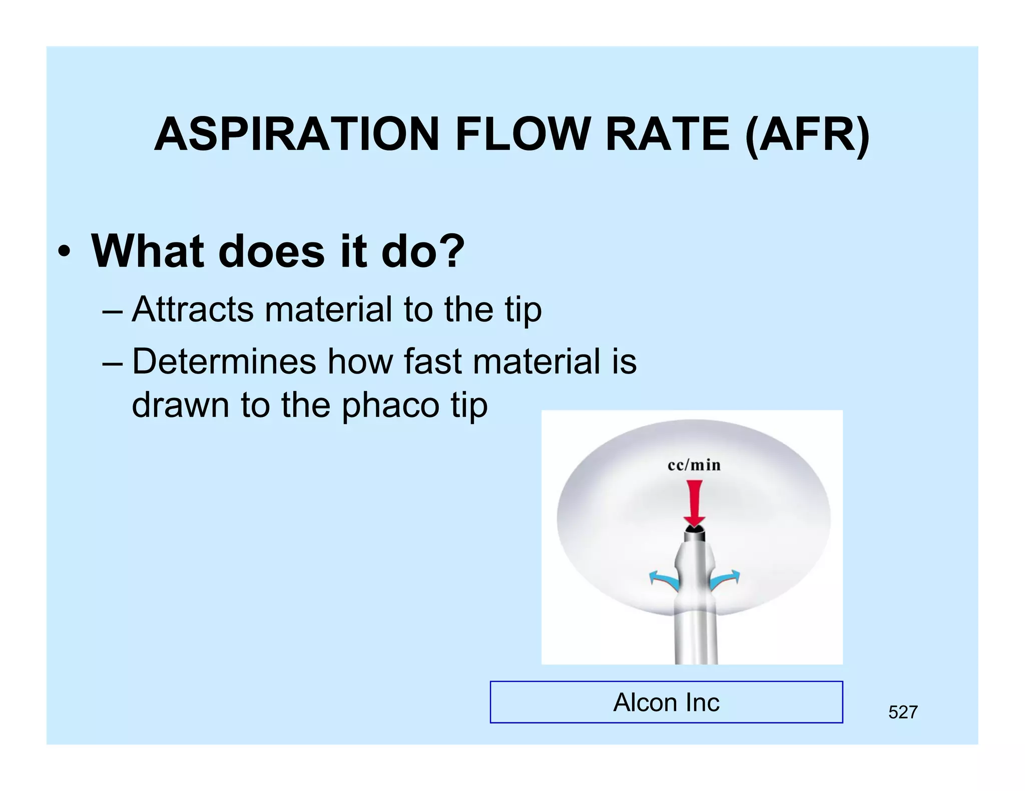 ASPIRATION FLOW RATE (AFR)
• What does it do?
– Attracts material to the tip
– Determines how fast material is
drawn to the phaco tip

Alcon Inc

527

 