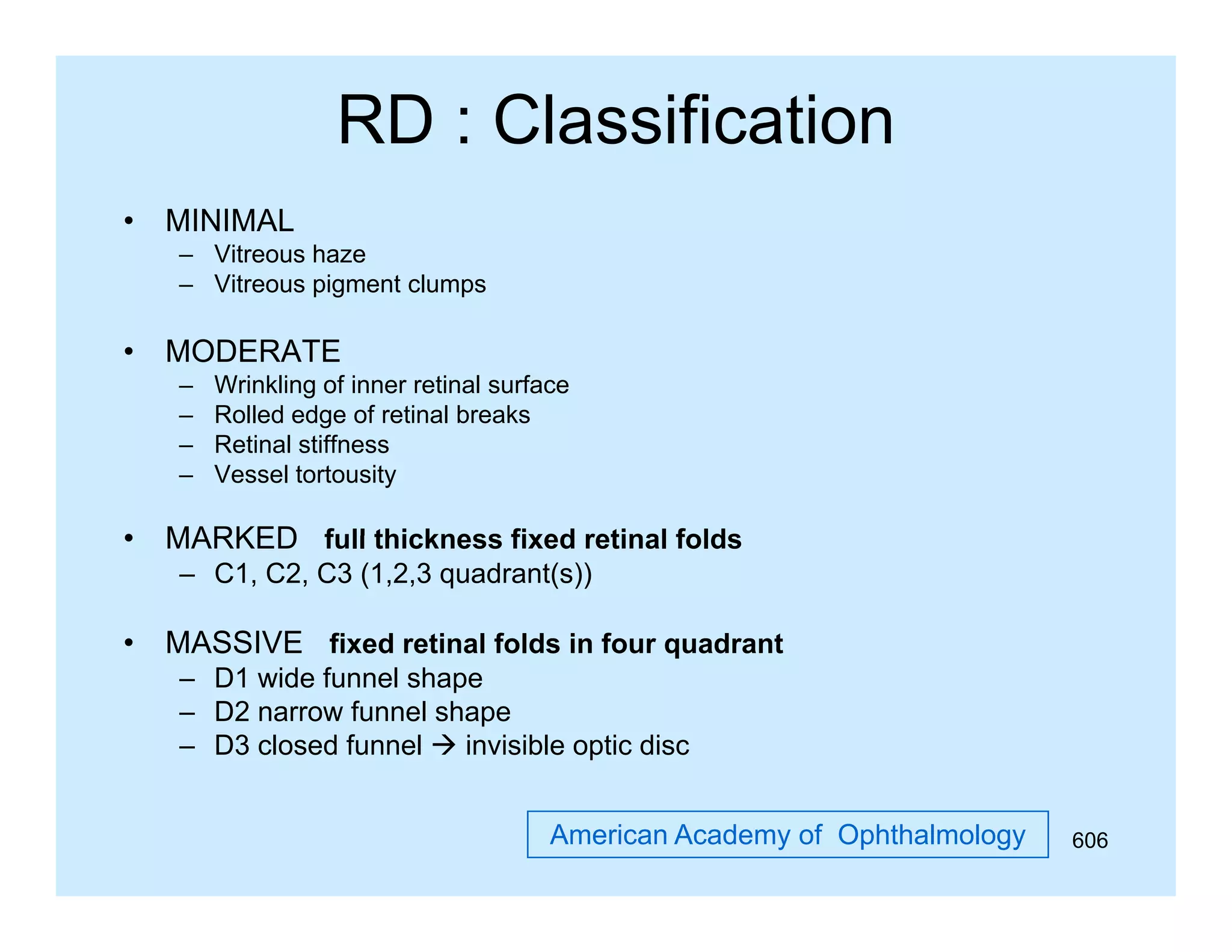 RD : Classification
•

MINIMAL
– Vitreous haze
– Vitreous pigment clumps
pg
p

•

MODERATE
–
–
–
–

•

Wrinkling of inner retinal surface
Rolled edge of retinal breaks
Retinal stiffness
Vessel tortousity

MARKED full thickness fixed retinal folds
– C1, C2, C3 (1,2,3 quadrant(s))

•

MASSIVE fixed retinal folds in four quadrant
q
– D1 wide funnel shape
– D2 narrow funnel shape
– D3 closed funnel  invisible optic disc
American Academy of Ophthalmology

606

 