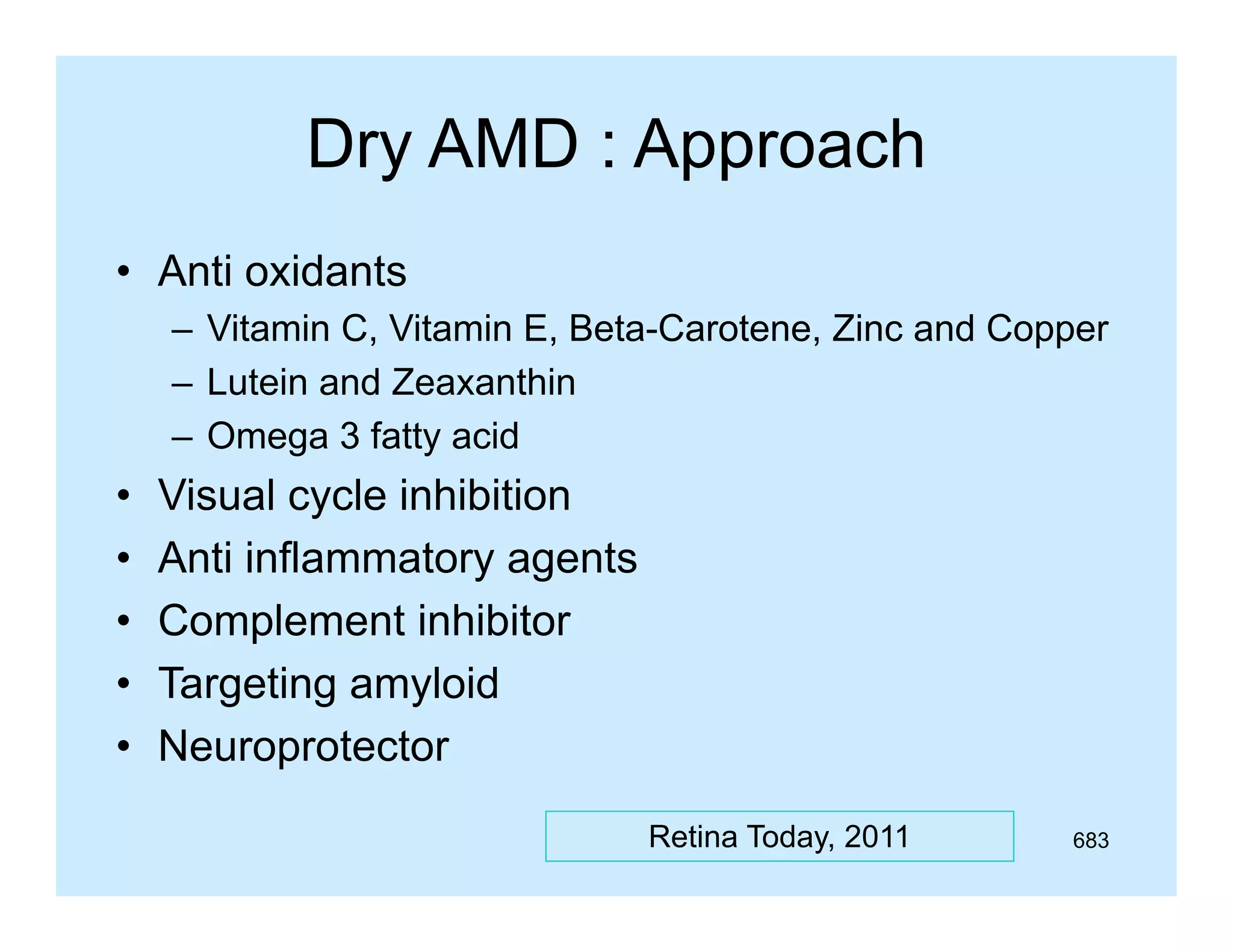 Dry AMD : Approach
y
pp
• Anti oxidants
– Vitamin C, Vitamin E, Beta-Carotene, Zinc and Copper
– Lutein and Zeaxanthin
– Omega 3 fatty acid

•
•
•
•
•

Visual cycle inhibition
Anti inflammatory agents
Complement inhibitor
Targeting amyloid
Neuroprotector
Retina Today, 2011

683

 