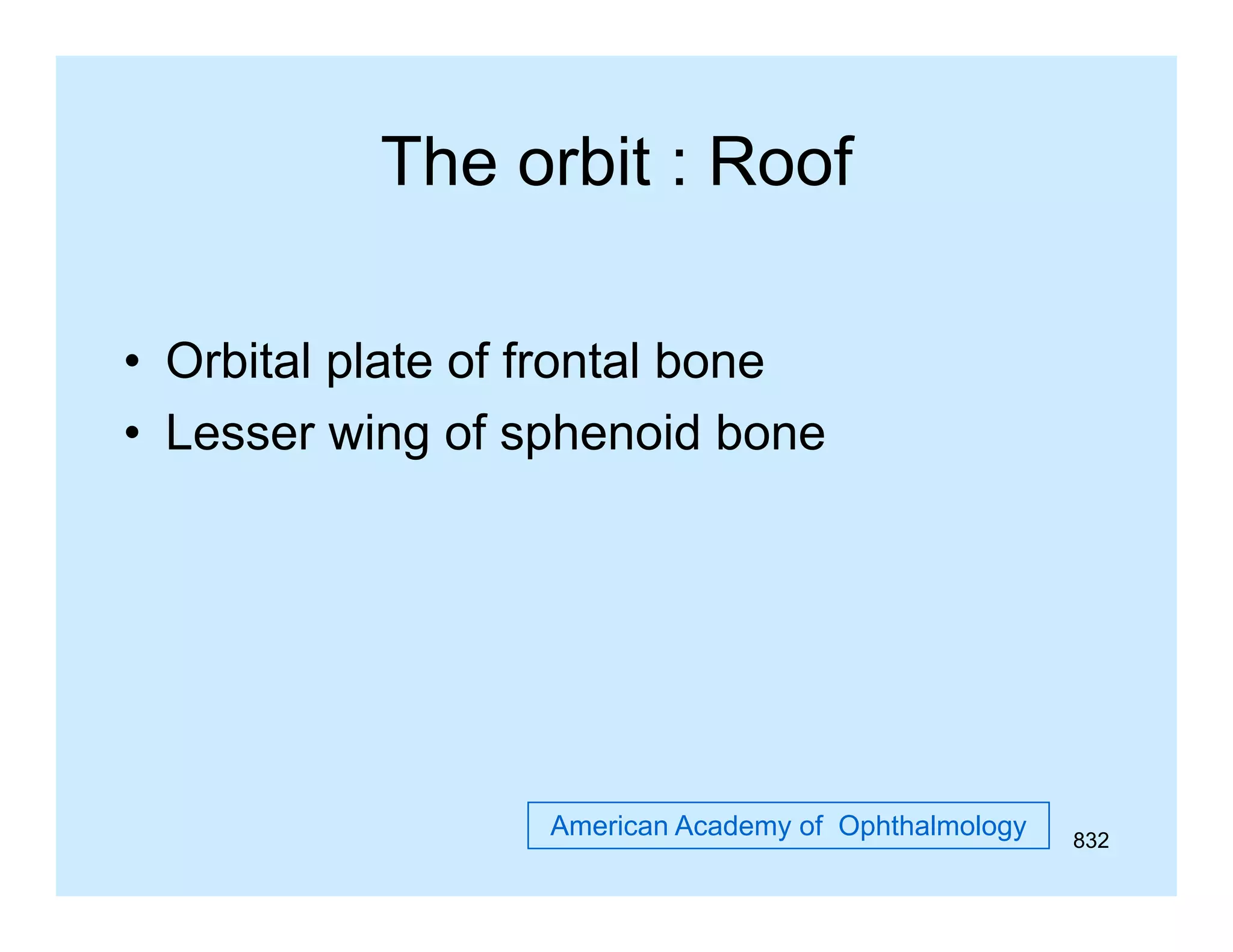 The orbit : Roof
• Orbital plate of frontal bone
• L
Lesser wing of sphenoid b
i
f h
id bone

American Academy of Ophthalmology

832

 