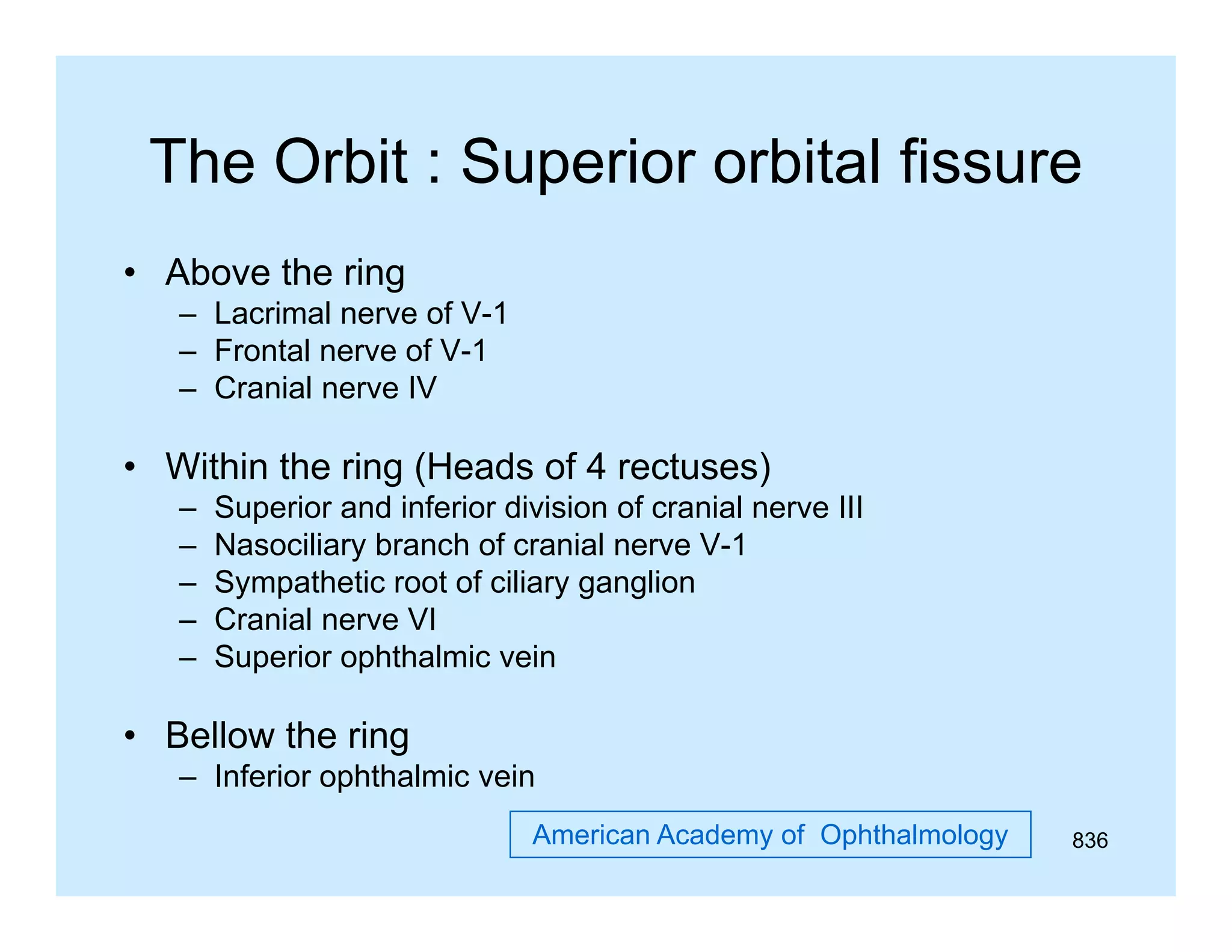 The Orbit : Superior orbital fissure
• Above the ring
– Lacrimal nerve of V-1
– Frontal nerve of V-1
– Cranial nerve IV

• Within the ring (Heads of 4 rectuses)
–
–
–
–
–

Superior and inferior division of cranial nerve III
Nasociliary b
N
ili
branch of cranial nerve V 1
h f
i l
V-1
Sympathetic root of ciliary ganglion
Cranial nerve VI
Superior ophthalmic vein

• Bellow the ring
– Inferior ophthalmic vein
American Academy of Ophthalmology

836

 