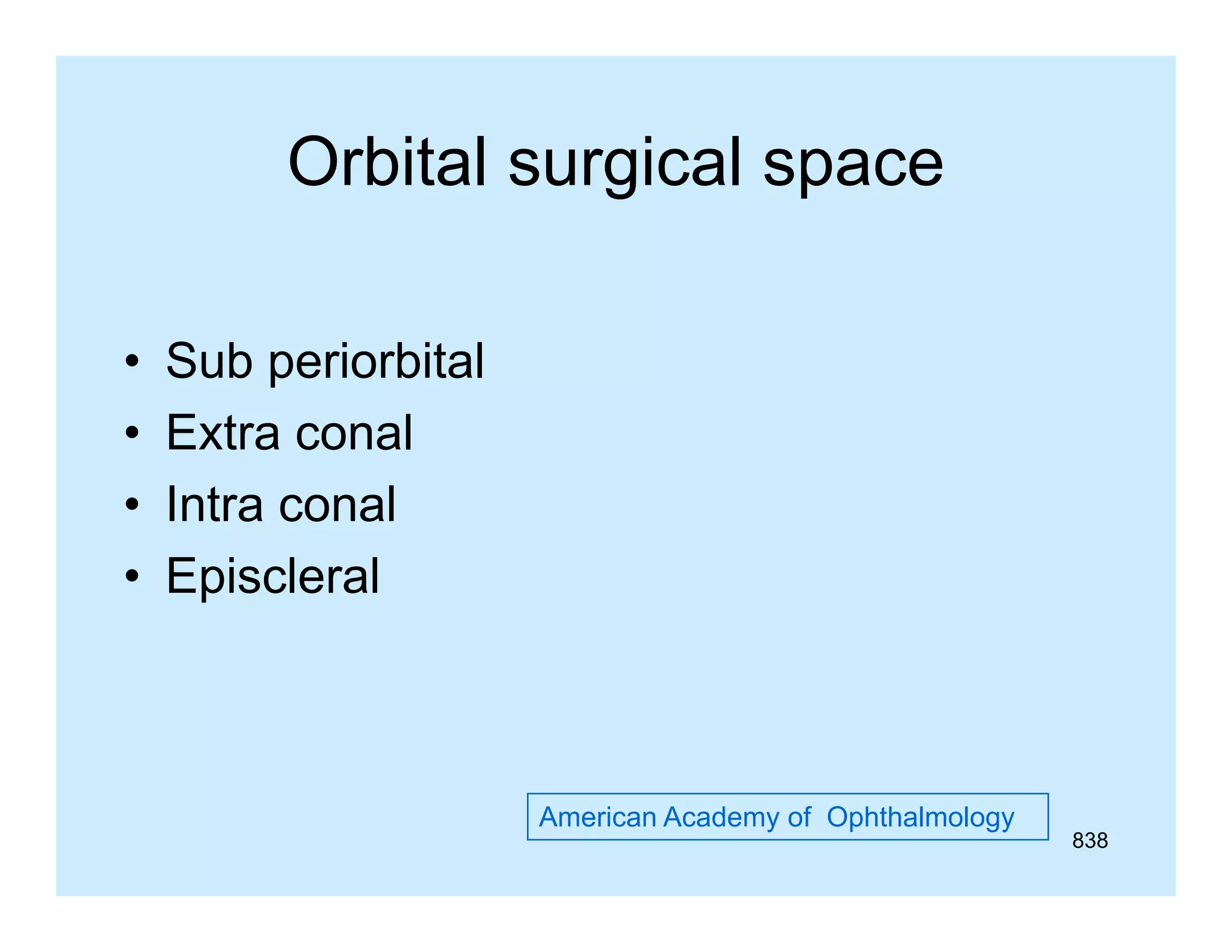 Orbital surgical space
•
•
•
•

Sub periorbital
Extra
E t conal
l
Intra conal
Episcleral

American Academy of Ophthalmology

838

 