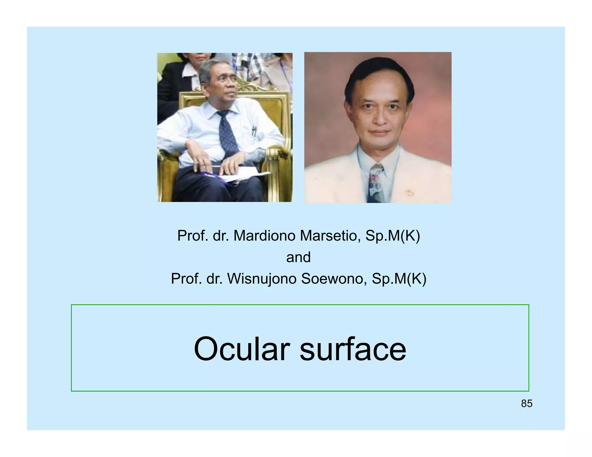 Prof. dr. Mardiono Marsetio, Sp.M(K)
and
Prof. dr. Wisnujono Soewono, Sp.M(K)

Ocular surface
85

 