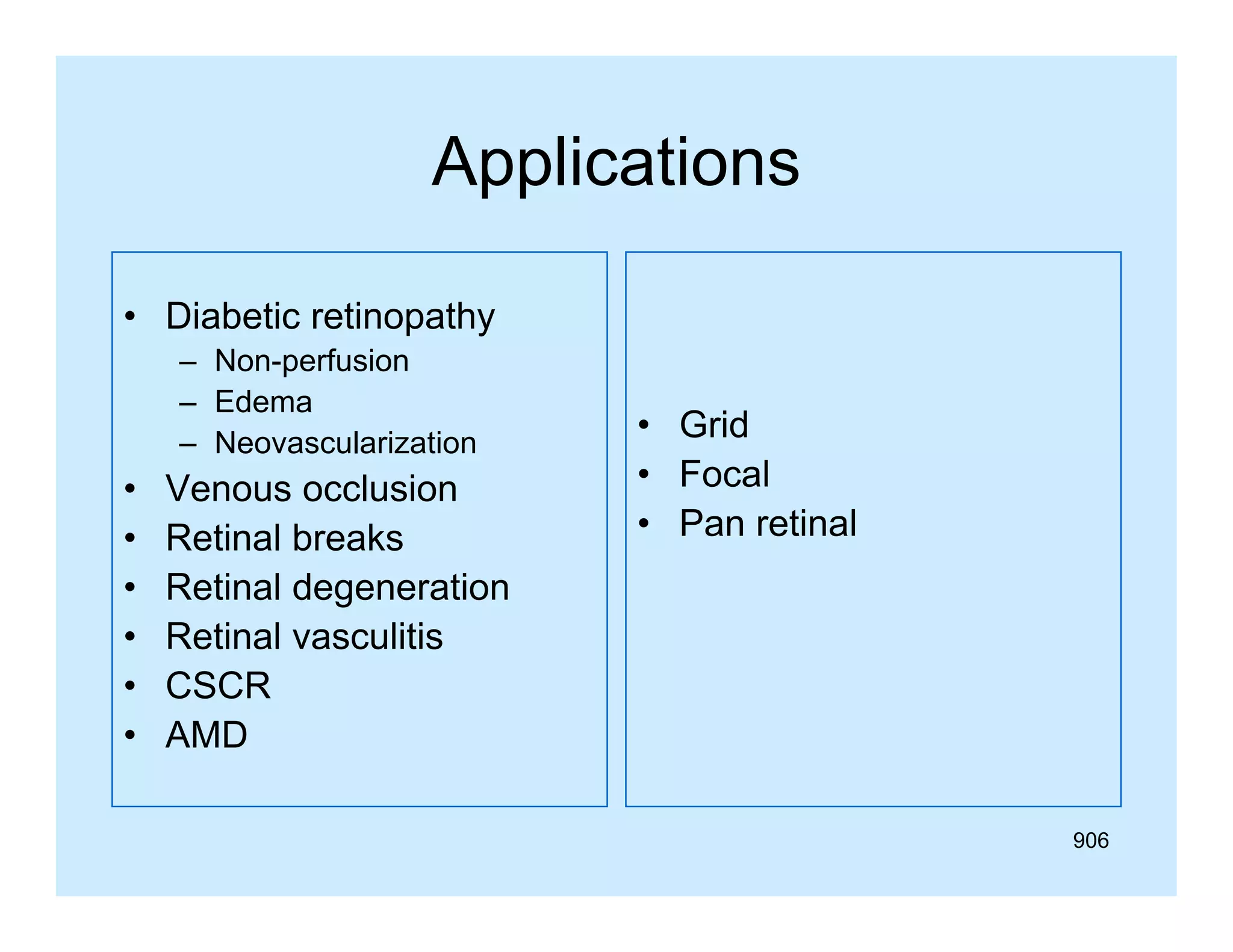 Applications
• Diabetic retinopathy
– Non-perfusion
– Edema
– Neovascularization

•
•
•
•
•
•

Venous occlusion
Retinal breaks
Retinal degeneration
Retinal vasculitis
CSCR
AMD

• G id
Grid
• Focal
• Pan retinal

906

 