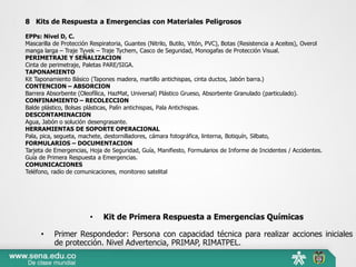• Kit de Primera Respuesta a Emergencias Químicas
• Primer Respondedor: Persona con capacidad técnica para realizar acciones iniciales
de protección. Nivel Advertencia, PRIMAP, RIMATPEL.
8 Kits de Respuesta a Emergencias con Materiales Peligrosos
EPPs: Nivel D, C.
Mascarilla de Protección Respiratoria, Guantes (Nitrilo, Butilo, Vitón, PVC), Botas (Resistencia a Aceites), Overol
manga larga – Traje Tyvek – Traje Tychem, Casco de Seguridad, Monogafas de Protección Visual.
PERIMETRAJE Y SEÑALIZACION
Cinta de perimetraje, Paletas PARE/SIGA.
TAPONAMIENTO
Kit Taponamiento Básico (Tapones madera, martillo antichispas, cinta ductos, Jabón barra.)
CONTENCION – ABSORCION
Barrera Absorbente (Oleofílica, HazMat, Universal) Plástico Grueso, Absorbente Granulado (particulado).
CONFINAMIENTO – RECOLECCION
Balde plástico, Bolsas plásticas, Palín antichispas, Pala Antichispas.
DESCONTAMINACION
Agua, Jabón o solución desengrasante.
HERRAMIENTAS DE SOPORTE OPERACIONAL
Pala, pica, segueta, machete, destornilladores, cámara fotográfica, linterna, Botiquín, Silbato,
FORMULARIOS – DOCUMENTACION
Tarjeta de Emergencias, Hoja de Seguridad, Guía, Manifiesto, Formularios de Informe de Incidentes / Accidentes.
Guía de Primera Respuesta a Emergencias.
COMUNICACIONES
Teléfono, radio de comunicaciones, monitoreo satelital
 