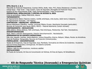 • Kit de Respuesta Técnica (Avanzada) a Emergencias Químicas
EPPs: Nivel D, C, B, A
Mascarilla de Protección Respiratoria, Guantes (Nitrilo, Butilo, Vitón, PVC), Botas (Resistencia a Aceites), Overol
manga larga – Traje Tyvek – Traje Tychem, Casco de Seguridad, Monogafas de Protección Visual.
Equipos de Aire Autocontenido SCBA, Trajes Semiencapsulados, Trajes Encapsulados.
PERIMETRAJE, SEÑALIZACION Y CONTROL DE ACCESO AL AREA
Cinta de perimetraje, Paletas PARE/SIGA, Altavoz.
TAPONAMIENTO
Kit Taponamiento Básico (Tapones madera, martillo antichispas, cinta ductos, Jabón barra.) Calajanes.
Kit Taponamiento Avanzado – Hot Tapping.
CONTENCION – ABSORCION - ADSORCION
Barrera Absorbente (Oleofílica, HazMat, Universal) Plástico Grueso, Absorbente Granulado (particulado).
Barreras de Contención para Aguas (BACO, MECO) – Material Adsorbente (Carbón Activado)
CONFINAMIENTO – RECOLECCION
Balde plástico, Bolsas plásticas, Palín antichispas, Pala Antichispas, Motobomba. Fast Tank. Desnatadores.
DESCONTAMINACION
Agua, Jabón o solución desengrasante, Estación Descontaminación.. Neutralización.
HERRAMIENTAS DE SOPORTE OPERACIONAL
Pala, pica, segueta, machete, destornilladores, cámara fotográfica, linterna, Botiquín, Silbato, Monitor de Atmósferas.
Toma de Muestras. Mangaveleta, Recursos de Protección Contraincendios.
FORMULARIOS – DOCUMENTACION
Tarjeta de Emergencias, Hoja de Seguridad, Guía, Manifiesto, Formularios de Informe de Incidentes / Accidentes.
Guía de Primera Respuesta a Emergencias. Kit Sistema Comando.
COMUNICACIONES
Teléfono, radio de comunicaciones, monitoreo satelital.
INSTALACIONES
Kit Puesto de Comando, Kit Área de Concentración de Víctimas, Kit Área de Espera, Kit Rehabilitación.
 