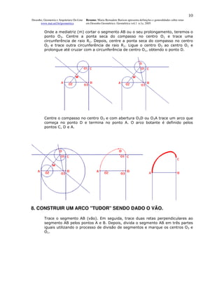 10
Desenho, Geometria e Arquitetura On-Line   Resumo. Maria Bernadete Barison apresenta definições e generalidades sobre retas
      www.mat.uel.br/geometrica            em Desenho Geométrico. Geométrica vol.1 n.1a. 2005


         Onde a mediatriz (m) cortar o segmento AB ou o seu prolongamento, teremos o
         ponto O3. Centre a ponta seca do compasso no centro O1 e trace uma
         circunferência de raio R1. Depois, centre a ponta seca do compasso no centro
         O2 e trace outra circunferência de raio R1. Ligue o centro O3 ao centro O1 e
         prolongue até cruzar com a circunferência de centro O1, obtendo o ponto D.




         Centre o compasso no centro O3 e com abertura O3D ou O3A trace um arco que
         começa no ponto D e termina no ponto A. O arco botante é definido pelos
         pontos C, D e A.




8. CONSTRUIR UM ARCO "TUDOR" SENDO DADO O VÃO.

         Trace o segmento AB (vão). Em seguida, trace duas retas perpendiculares ao
         segmento AB pelos pontos A e B. Depois, divida o segmento AB em três partes
         iguais utilizando o processo de divisão de segmentos e marque os centros O3 e
         O1.
 