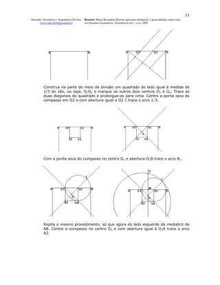 11
Desenho, Geometria e Arquitetura On-Line   Resumo. Maria Bernadete Barison apresenta definições e generalidades sobre retas
      www.mat.uel.br/geometrica            em Desenho Geométrico. Geométrica vol.1 n.1a. 2005




         Construa na parte do meio da divisão um quadrado de lado igual à medida de
         1/3 do vão, ou seja, O1O3 e marque os outros dois centros O2 e O4. Trace as
         duas diagonais do quadrado e prolongue-as para cima. Centre a ponta seca do
         compasso em O2 e com abertura igual a O2 1 trace o arco 1-3.




         Com a ponta seca do compasso no centro O1 e abertura O1B trace o arco B1.




         Repita o mesmo procedimento, só que agora do lado esquerdo da mediatriz de
         AB. Centre o compasso no centro O3 e com abertura igual à O3A trace o arco
         A2.
 