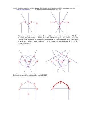 13
Desenho, Geometria e Arquitetura On-Line   Resumo. Maria Bernadete Barison apresenta definições e generalidades sobre retas
      www.mat.uel.br/geometrica            em Desenho Geométrico. Geométrica vol.1 n.1a. 2005




         As retas se encontram no ponto C que está na mediatriz do segmento AB. Com
         o centro do compasso no ponto D e com abertura igual à DA trace o arco A1.
         Depois, com o centro do compasso no ponto E, e com abertura igual à EB trace
         o arco B2. Trace pelos pontos 1 e 2 retas perpendiculares à D1 e E2
         respectivamente.




O arco otomano é formado pelos arcos B2P1A.
 