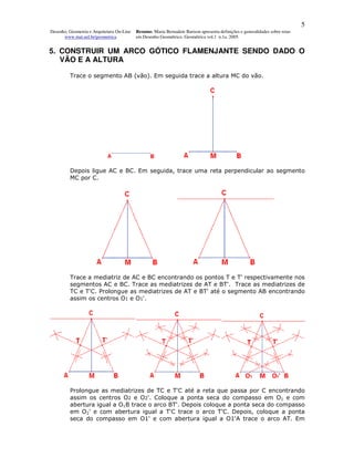 5
Desenho, Geometria e Arquitetura On-Line   Resumo. Maria Bernadete Barison apresenta definições e generalidades sobre retas
      www.mat.uel.br/geometrica            em Desenho Geométrico. Geométrica vol.1 n.1a. 2005


5. CONSTRUIR UM ARCO GÓTICO FLAMENJANTE SENDO DADO O
   VÃO E A ALTURA

         Trace o segmento AB (vão). Em seguida trace a altura MC do vão.




         Depois ligue AC e BC. Em seguida, trace uma reta perpendicular ao segmento
         MC por C.




         Trace a mediatriz de AC e BC encontrando os pontos T e T' respectivamente nos
         segmentos AC e BC. Trace as mediatrizes de AT e BT'. Trace as mediatrizes de
         TC e T'C. Prolongue as mediatrizes de AT e BT' até o segmento AB encontrando
         assim os centros O1 e O1'.




         Prolongue as mediatrizes de TC e T'C até a reta que passa por C encontrando
         assim os centros O2 e O2'. Coloque a ponta seca do compasso em O1 e com
         abertura igual a O1B trace o arco BT'. Depois coloque a ponta seca do compasso
         em O2' e com abertura igual a T'C trace o arco T'C. Depois, coloque a ponta
         seca do compasso em O1' e com abertura igual a O1'A trace o arco AT. Em
 