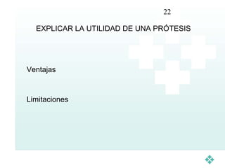 22

  EXPLICAR LA UTILIDAD DE UNA PRÓTESIS




Ventajas



Limitaciones
 