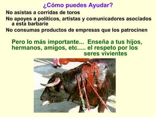 ¿Cómo puedes Ayudar?
No asistas a corridas de toros
No apoyes a políticos, artistas y comunicadores asociados
a esta barbarie
No consumas productos de empresas que los patrocinen
Pero lo más importante... Enseña a tus hijos,
hermanos, amigos, etc..... el respeto por los
seres vivientes
 