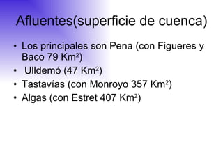 Afluentes(superficie de cuenca) Los principales son Pena (con Figueres y Baco 79 Km 2 ) Ulldemó (47 Km 2 ) Tastavías (con Monroyo 357 Km 2 ) Algas (con Estret 407 Km 2 )