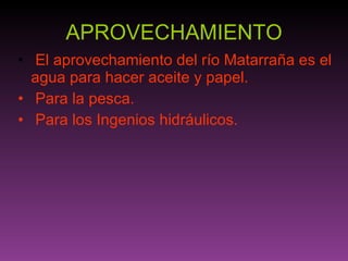 APROVECHAMIENTO El aprovechamiento del río Matarraña es el  agua para hacer aceite y papel. Para la pesca. Para los Ingenios hidráulicos. 