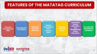 DEPARTMENT OF EDUCATION
Decongested
Curriculum
Focus on
Foundational
Skills
Balanced
cognitive
demands
Clearer
Articulation
of 21st
Century
Skills
Reduced
Learning
Areas
On a par with
international
standards
Intensified
Values
Education
and
Strengthened
Peace
Education
FEATURES OF THE MATATAG CURRICULUM
10
 