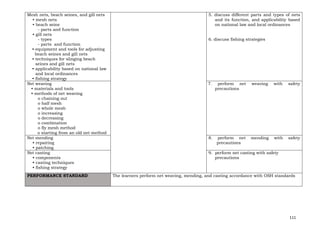 111
Mesh nets, beach seines, and gill nets
• mesh nets
• beach seine
- parts and function
• gill nets
- types
- parts and function
• equipment and tools for adjusting
beach seines and gill nets
• techniques for slinging beach
seines and gill nets
• applicability based on national law
and local ordinances
• fishing strategy
5. discuss different parts and types of nets
and its function, and applicability based
on national law and local ordinances
6. discuss fishing strategies
Net weaving
• materials and tools
• methods of net weaving
o chaining out
o half mesh
o whole mesh
o increasing
o decreasing
o combination
o fly mesh method
o starting from an old net method
7. perform net weaving with safety
precautions
Net mending
• repairing
• patching
8. perform net mending with safety
precautions
Net casting
• components
• casting techniques
• fishing strategy
9. perform net casting with safety
precautions
PERFORMANCE STANDARD The learners perform net weaving, mending, and casting accordance with OSH standards
 