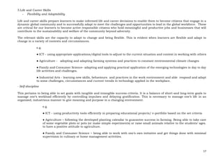 17
5.Life and Career Skills
- Flexibility and Adaptability
Life and career skills prepare learners to make informed life and career decisions to enable them to become citizens that engage in a
dynamic global community and to successfully adapt to meet the challenges and opportunities to lead in the global workforce. These
are critical for our learners to become active responsible citizens who hold meaningful and productive jobs and businesses that will
contribute to the sustainability and welfare of the community beyond adversity.
The relevant skills are the capacity to adapt to change and being flexible. This is evident when learners are flexible and adapt to
change in a variety of contexts and circumstances.
e.g.
● ICT - using appropriate applications/digital tools to adjust to the current situation and context in working with others
● Agriculture - adopting and adapting farming systems and practices to constant environmental climate changes
● Family and Consumer Science- adapting and applying practical application of the emerging technologies in day to day
life activities and challenges.
● Industrial Arts - learning new skills, behaviours and practices in the work environment and able respond and adapt
to some challenges, circumstances and current trends in technology applied in the workplace.
- Self-discipline
This pertains to being able to set goals with tangible and intangible success criteria. It is a balance of short-and long-term goals to
manage one’s workload efficiently by controlling impulses and delaying gratification. This is necessary to manage one’s life in an
organized, industrious manner to give meaning and purpose in a changing environment.
e.g.
● ICT - using productivity tools efficiently in preparing educational projects/ e-portfolio based on the set criteria
● Agriculture – following the developed planting calendar to guarantee success in farming. Being able to take care
of some vegetable plots or pots (or make simple experiments) or raise small animals relative to the students’ ages.
to have a positive attitude to agriculture.
● Family and Consumer Science – being able to work with one’s own initiative and get things done with minimal
supervision in culinary or home management activities.
 