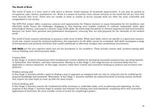 20
The World of Work
The world of work is a term used to talk about a diverse, broad expanse of vocational opportunities. It can also be quoted as
occupations, jobs, careers, employment, etc. Work is a means of survival, thus, almost everyone in the world will tell you that they
work because they must. Those who are unable to work or unable to secure enough work are often the most vulnerable and
marginalized in our society.
The EPP/TLE subject offers numerous avenues and opportunities for Filipino learners to equip themselves for the workforce and
effectively tackle future life challenges. Engaging in this learning area enables students to cultivate employable skills, gain
technological literacy, and acquire a diverse range of life skills. By immersing themselves in relevant experiences and environments,
learners can foster their personal and professional development, ensuring they are well-prepared for the demands of the modern
world.
The world of work requires individuals to possess a wide array of skills. While hard skills, which are specific to a particular industry
or job role, remain crucial for technical proficiency, the importance of soft skills cannot be overlooked. Soft skills encompass a range
of interpersonal and personal attributes that enable individuals to effectively navigate their professional environment.
Soft Skills are the non-cognitive skills that are the foundation in the workforce. These include creative skill, problem-solving skill,
critical thinking, and communication skills.
Creative Skill
In Key Stage 2, students demonstrate their fundamental creative abilities by developing innovative products that can bring benefits
to themselves, their families, and their communities. Moving on to Key Stage 3, this stage focuses on technical skills that are
applicable in various industries. At this stage, learners utilize their creative and innovative thinking to produce and introduce new
products.
Problem-solving skill
In Key Stage 2, learners exhibit a spirit in finding a way to approach an assigned task not only by using but also by modifying the
acquired knowledge and standards. Meanwhile, in Key Stage 3, learners manifest an undaunted mood in testing various methods
that require the least input to come up with the most output.
Critical thinking skill
In Key Stage 2, learners acquire the fundamental skills necessary to undertake tasks, such as planning and organizing. As they
progress to Key Stage 3, learners begin to analyze and evaluate the existing rules and standards, comparing them with innovative
approaches to determine the most suitable course of action for completing a project.
 