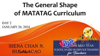 The General Shape
of MATATAG Curriculum
SIENA CHAN N.
BULALACAO
Teacher I
DAY 2
JANUARY 26, 2024
 