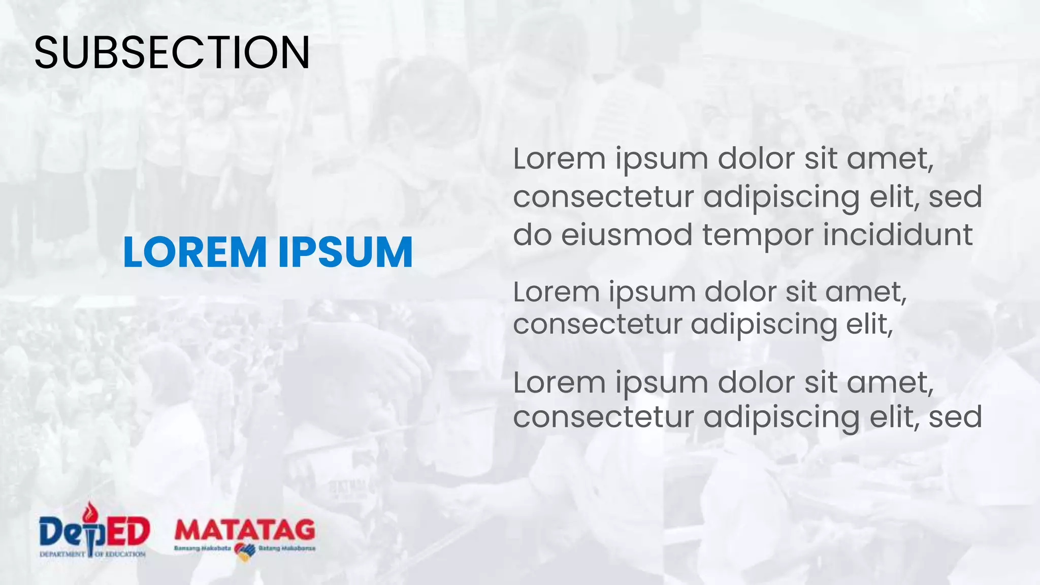 LOREM IPSUM
Lorem ipsum dolor sit amet,
consectetur adipiscing elit, sed
do eiusmod tempor incididunt
Lorem ipsum dolor sit amet,
consectetur adipiscing elit,
Lorem ipsum dolor sit amet,
consectetur adipiscing elit, sed
SUBSECTION
 