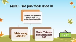 MENU – sila pilih topik anda ©
Arahan: Klik pilihan di
bawah, atau EXIT
untuk tamatkan slide
Mata wang
ASEAN
Kadar Tukaran
berbanding RM
1.00
 