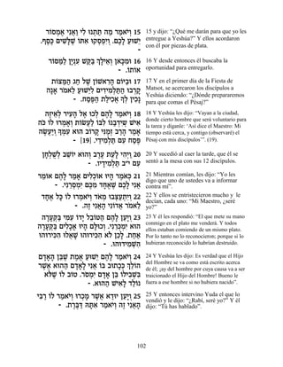 ¯…ÒÓ‡ Èƒ‡« ÈÏ e ˙z ‰Ó ¯Ó‡È¿ 15
    Â ¿ ∆ ¬Â ƒ ¿ « « « …Â              15 y dijo: “¿Qué me darán para que yo les
 .ÛÒ∆ ÌÈL»L …z‡ e˜ÒÙƒÂ .ÌÎ» ÚeL≈
   ∆k ƒl ∆ Â ƒ ¿¿È ¿ ∆Ï « È            entregue a Yeshúa?” Y ellos acordaron
                                       con él por piezas de plata.
                                   -
    ¯…qn« ÔÈ ƒ Lw« ¿ »È‡¿ Ô‡k ƒe 16
     Â «Ï »¿Ú «a ÍÏ ≈Â »Ó              16 Y desde entonces él buscaba la
                           - .…˙…‡
                               Â Â     oportunidad para entregarlo.

     ˙…vn« ‚Á ÏL Ô…L‡¯‰ Ì…i«e 17
       Â «‰ « ∆ Â ƒ» Â ·               17 Y en el primer día de la Fiesta de
   ‰»‡ ¯Ó‡Ï ÚeL≈Ï ÌÈ„ÈÓ¿z« e·¯˜
      » … ≈ « Èƒ ƒ ƒÏ «‰ ¿»            Matsot, se acercaron los discípulos a
            - .ÁÒt« ˙ÏÈÎ‡ » ¿ ÔÈÎ»
                                       Yeshúa diciendo: “¿Dónde prepararemos
                «∆‰ « ƒ¬ ÍÏ ƒ          para que comas el Pésaj?”

  ‰ÊÈ‡¿ ¯ÈÚ‰ Ï‡ eÎÏ Ì‰» ¯Ó‡È¿ 18
   ∆ ≈Ï ƒ» ∆ ¿ ∆Ï « …Â                 18 Y Yeshúa les dijo: “Vayan a la ciudad,
                                       donde cierto hombre que será voluntario para
‰k …Ï e¯Ó‡¿ ˙…NÚ« …aƒ … «„È˘ LÈ‡
 … Â ¿ »Â Â ¬Ï Â Ï Â · ¿ƒ¿ ƒ           la tarea y díganle: ‘Así dice el Maestro: Mi
‰N¬«Â » nƒ ‡e‰ ·…¯˜ Èp «¿ ·¯‰ ¯Ó‡
  ∆ÚÈ ¿ Í ¿Ú      Â » ƒÓÊ «» « »       tiempo está cerca, y contigo (observaré) el
             - [19] .È„ÈÓ¿z ÌÚ ÁÒt
                      ≈ ƒ Ï « ƒ «∆     Pésaj con mis discípulos’”. (19).

 ÔÁ¿L¿ ·LÂÈ ‡e‰Â ·¯Ú ˙Ú» È‰¿Â 20
  »Ï ÀÏ ≈…     ¿ ∆∆ ≈Ï ƒÈ «            20 Y sucedió al caer la tarde, que él se
               - .ÂÈ„ÈÓ¿z ·"È ÌÚ
                    » ƒÏ «     ƒ       sentó a la mesa con sus 12 discípulos.

¯Ó…‡ Ì‰» ¯Ó‡ ÌÈÏ¿…‡ eÈ‰ ¯Ó… ¿ 21
 ≈Â ∆Ï « » ƒÎÂ » ∆‡k                   21 Mientras comían, les dijo: “Yo les
                                       digo que uno de ustedes va a informar
      - .Èƒ¯ÒÓƒ Ìk ƒ „Á‡L ÌÎ» Èƒ‡
           ≈¿¿È ∆Ó »∆ ∆ ∆Ï ¬           contra mí”.
 „Á‡ Ïk …Ï e¯Ó‡È¿ „‡Ó e·v«˙ƒÂ 22
  »∆ » Â ¿ …Â … ¿ ¿Ú ¿È¿               22 Y ellos se entristecieron mucho y le
                                       decían, cada uno: “Mi Maestro, ¿seré
             - .‰Ê Èƒ‡‰ Èƒ…„‡ ¯Ó‡Ï
                 ∆ ¬» Â ¬ … ≈          yo?”
 ‰¯Úw« Ènƒ …„È Ï·…h‰ Ì‰» ÔÚ»Â 23
  »» ¿a ƒÚ Â » ≈Â « ∆Ï ≈È ¿            23 Y él les respondió: “El que mete su mano
                                       conmigo en el plato me venderá. Y todos
‰¯Úw« ÌÈÏ»‡ eÈ‰ Ìl ÎÂ .Èƒ¯k ¿ƒ ‡e‰
 »» ¿a ƒÎ√ » »e ¿ ≈¿ÓÈ                 ellos estaban comiendo de un mismo plato.
e‰e¯Èkƒ eÏ‡L e‰e¯Èkƒ ‡… ÔÎ» .˙Á‡
     ƒ‰ ¬ »         ƒ‰ Ï ≈Ï ««         Por lo tanto no lo reconocieron; porque si lo
                      - .e‰e„ÈÓLƒ
                               ƒ ¿‰    hubieran reconocido lo habrían destruido.

Ì„‡‰ Ôa ∆ ˙Ó‡ ÚeL≈ Ì‰» ¯Ó‡È¿ 24
 »»» ≈L ∆ ¡ « È ∆Ï « …Â                24 Y Yeshúa les dijo: Es verdad que el Hijo
¯L¬ ‡e‰‰ Ì„‡» Èƒ‡ …a ·e˙Î¿ ¿ ≈…‰
 ∆‡     « »»Ï ¬ Â        »k ÍÏÂ        del Hombre se va como está escrito acerca
                                       de él; ¡ay del hombre por cuya causa va a ser
 ‡…L ÂÏ ·…Ë .¯ÒÓƒ Ì„‡ Ôa …ÏÈ·Lƒ
   l ∆ … Â … ¿È »» ≈ Â ƒ ¿a            traicionado el Hijo del Hombre! Bueno le
               - .‡e‰‰ LÈ‡» „Ï…
                     « ƒÏ «Â           fuera a ese hombre si no hubiera nacido”.

Èa « …Ï ¯Ó‡È¿ e¯ÎÓ ¯L¬ ‡„eÈ ÔÚ»Â 25
 ƒ¯ Â « …Â ¿» ∆‡ « ≈È ¿                25 Y entonces intervino Yuda el que lo
                                       vendió y le dijo: “¿Rabí, seré yo?” Y él
         - .˙¯a « dzƒ ¯Ó‡È¿ ‰Ê Èƒ‡‰
             ∆∆c »‡ « …Â ∆ ¬»          dijo: “Tú has hablado”.




                                  102
 