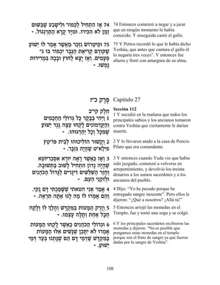 ÌeM«L Ú·˘ÈÏe ¯…Ùk« ÏÈÁ˙‰ Ê‡ 74
     a ∆ ≈ » ƒ Â ¿Ï ƒ ¿ ƒ »           74 Entonces comenzó a negar y a jurar
 - .Ï…‚¿¯z« ‡¯˜ „i ƒe .e¯Èkƒ ‡… ÔÓ¿
     Â ¿«‰ »» »Ó          ƒ‰ Ï «Ê     que en ningún momento lo había
                                      conocido. Y enseguida cantó el gallo.

ÚeL≈ …Ï ¯Ó‡ ¯L¬Ó ¯k¿ƒ N…¯ËÈÙe 75
« È Â « » ∆‡ ≈ «Ê Â ¿ ≈               75 Y Petros recordó lo que le había dicho
    "‚ Âa ¯…ÙÎƒ ¯·∆‰ ˙‡È¯˜ Ì„ÂwL
       … Â ¿È ∆b« « ƒ¿ ∆ ∆            Yeshúa, que antes que cantara el gallo él
                                      lo negaría tres veces”. Y entonces fue
˙e¯È¯Óƒ ‰Î»e ıeÁÏ ‡ˆ» Ê‡¿ .ÌÈÓÚt
    ƒ¿a »·        « »È »Â ƒ»¿         afuera y lloró con amargura de su alma.
                          - .eLÙ»
                               ¿




                          Ê"Î ˜¯t
                               ∆∆     Capítulo 27
                                      Sección 112
                         ·"È˜ ˜ÏÁ
                                ∆≈    1 Y sucedió en la mañana que todos los
      ÌÈÓ»Á‰ ÈÏ…„b Ïk ¯˜»a È‰¿Â 1
        ƒÎ¬« ≈Â ¿ » »a« ƒÈ «          principales sabios y los ancianos tomaron
     ÚeL≈ „‚∆ ‰ˆÚ eÁ˜» ÌÈƒ…Ó„w«¿
     « È ∆ »≈ ¿Ï Â ¿«‰Â               contra Yeshúa que ciertamente le darían
              - .e‰e‚¯‰« ÏÎ¿ Ïk ƒL
                     ¿«È »Â »n ∆      muerte.

      ıË"…t ˙È·¿ e‰eÎÈÏ…‰ ¯eL˜¿ 2
       ¿Â     ≈Ï       ƒÂ     »Â      2 Y lo llevaron atado a la casa de Poncio
              - .¯a¿b ‰È»L Ë"‡ÏƒÙ
                  »Ê ƒ »‰ ∆   «È      Pilato que era comandante.

    ‡ËÂÈ¯ÎÒ‡ ‡¯eÈ ‰‡¯ ¯L¬« Ê‡¿ 3
     ¿… ƒ«¿ƒ » » » ∆‡k »Â             3 Y entonces cuando Yuda vio que había
   .‰·eLz« ·eL» ÏÈÁ˙‰ Ô…„» ‰È»L
     » ¿a      Ï ƒ ¿ ƒ Â »‰ ∆         sido juzgado, comenzó a volverse en
                                      arrepentimiento, y devolvió los treinta
 ÌÈƒ‰…‰ Ï…„b« ÌÈ¯ »Èc ÌÈL≈M« ¯ÊÁ¿
    ¬k« Â »Ï ƒ ƒ ƒl ƒ‰ «»Â            denarios a los sumos sacerdotes y a los
                     - .ÌÚ‰ È≈˜ƒ¿e
                         ≈≈ ¿ÊÏ       ancianos del pueblo.

 .È˜ Ìc Èz¿ÙM ∆ È˙‡Ë‰ Èƒ‡ ¯Ó‡ 4
   ƒ» » ƒÎ« »L            ¬ «»        4 Dijo: “Yo he pecado porque he
  - .‰‡¯z ‰z« e » ‰Ó …Ï e¯Ó‡ Ì‰¿
      ∆ ¿ƒ »‡ Ï « Â ¿ » ≈Â            entregado sangre inocente”. Pero ellos le
                                      dijeron: “¿Qué a nosotros? ¡Allá tú!”
Á˜»¿ …Ï ¿ «‰¿ Lc ¿n« ˙…Ún« ˜¯ÊÂ¿5
  «ÏÂ Â ÍÏ»Â »˜ ƒa Â »‰ «»            5 Entonces arrojó las monedas en el
            - .eÓˆÚ ‰Ï˙¿ ˙Á‡ Ï·Á
                 ¿» »» Â « « »¬       Templo, fue y tomó una soga y se colgó.

 ˙…Ún« eÁ˜» ¯L¬« ÌÈƒ‰…‰ ÈÏ…„‚e 6
   Â »‰ ¿Ï ∆‡k ¬k« ≈Â ¿               6 Y los principales sacerdotes recibieron las
                                      monedas y dijeron: “No es posible que
    ˙…Ún« el‡ ÌÈL»L ÔÎzƒ ‡… e¯Ó‡
     Â »‰ ≈ ƒp ∆ ≈»È Ï ¿ »            pongamos estas monedas en el templo
ÈÓc „Ú¿ e ˙»L Ì‰ Ìc ÈÓc ∆ Lc ¿n«
 ≈ ¿ «a ¿p ∆ ≈ » ≈ ¿L »˜ ƒa           porque son el fruto de sangre ya que fueron
                                      dadas por la sangre de Yeshúa”.
                          - .ÚeL≈
                             « È


                                 108
 