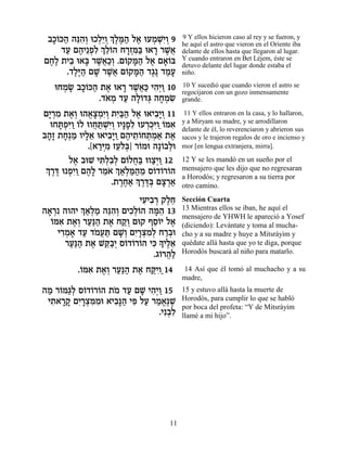 ·Î…k‰ ‰pƒ¿ eÎÏ≈Â ¿∆n« Ï‡ eÚÓLƒÂ 9
  »Â « ≈‰Â ¿È ¿ÍÏ ∆‰ ∆ ¿ ¿È¿            9 Y ellos hicieron caso al rey y se fueron, y

    „Ú Ì‰È≈Ùƒ ¿ ≈…‰ Á¯Ên« e‡¯ ¯L¬
                                        he aquí el astro que vieron en el Oriente iba
     « ∆ ¿Ï ÍÏÂ »¿ƒa » ∆‡               delante de ellos hasta que llegaron al lugar.
ÌÁ∆ ˙È· e‡a ¯L¬«¿ .Ì…˜n« Ï‡ Ì‡…a
 ∆Ï ≈ » ∆‡ÎÂ Â »‰ ∆ »Â                  Y cuando entraron en Bet Léjem, éste se
                                        detuvo delante del lugar donde estaba el
      .„Ï∆‰ ÌL ¯L¬ Ì…˜n« „‚∆ „ÓÚ
        ∆i « » ∆‡ Â »‰ ∆ «»             niño.

   eÁÓN ·Î…k‰ ˙‡ e‡¯ ¯L¬« È‰¿Â 10
     ¿ » »Â « ∆ » ∆‡k ƒÈ «              10 Y sucedió que cuando vieron el astro se
                                        regocijaron con un gozo inmensamente
             .„‡Ó „Ú ‰Ï…„b ‰ÁÓN
               … ¿ « »Â ¿ » ¿ ƒ         grande.

ÌÈ ¿Ó ˙‡¿ e‰‡ˆÓƒÂ ˙È«‰ Ï‡ e‡È·»Â 11
  »¯ ƒ ∆Â À»¿È¿ ƒa« ∆ ƒÈ ¿               11 Y ellos entraron en la casa, y lo hallaron,
                                        y a Miryam su madre, y se arrodillaron
   eÁz¿ƒ« …Ï eÂÁz ¿È¿ ÂÈ»Ùƒ eÚ¯Îi …n‡
      »ÙiÂ Â ¬ «LƒÂ »Ï ¿¿ƒÂ«Â ƒ         delante de él, lo reverenciaron y abrieron sus
·‰» ˙Á¿Ó ÂÈÏ‡ e‡È·»Â Ì‰È˙…Áz ¿‡ ˙‡
 »Ê » « »≈ ƒÈ « ∆ ≈Â ¿Ó« ∆              sacos y le trajeron regalos de oro e incienso y
             .[‡¯iÓ ÊÚÏ¿] ¯…Óe ‰»…·Ïe
                «¿ƒ ≈…a Â         Â ¿   mor [en lengua extranjera, mirra].

        Ï‡ ·eL Èz¿ƒ¿ Ì…ÏÁ« eÂˆ¿Â 12
          ∆      ƒÏ·Ï Â ¬a «È «         12 Y se les mandó en un sueño por el
 ¿ ¯c e ÙƒÂ Ì‰» ¯Ó… ¿ ‡¿n«Ó Ò…„…¯…‰
 Í ∆∆ ¿È « ∆Ï ≈‡ Í«Ï «‰ ≈ Â Â Â         mensajero que les dijo que no regresaran
                    .˙¯Á‡ ¿ ¯c¿ Ìˆ¯‡
                                        a Horodós; y regresaron a su tierra por
                       ∆∆« Í ∆∆a » ¿«   otro camino.

                          ÈÚÈ·¯ ˜ÏÁ
                           ƒ ƒ ¿ ∆≈     Sección Cuarta
          ¿ ‡¿Ó ‰pƒ¿ ÌÈÎ¿…‰ ‰n≈ 13
‰‡¯ ƒ ‰Â‰È Í«Ï « ≈‰Â ƒÏÂ »‰
 »¿                                     13 Mientras ellos se iban, he aquí el
                                        mensajero de YHWH le apareció a Yosef
  Â ƒ ∆Â «p« ∆ «Â
  …n‡ ˙‡¿ ¯Ú«‰ ˙‡ Á˜¿ Ìe˜ ÛÒ…È Ï‡
                              ≈Â ∆      (diciendo): Levántate y toma al mucha-
    È¯Ó‡ „Ú „ÓÚz ÌL¿ ÌÈ »ˆÓ¿ Á¯·e
     ƒ¿ » « … ¬« »Â ƒ¯ ¿ƒÏ «¿           cho y a su madre y huye a Mitsráyim y
       ¯Ú«‰ ˙‡ Lw«¿ Ò…„…¯…‰ Èk » ÈÏ‡
        «p« ∆ ≈·È Â Â Â ƒ Í ∆≈          quédate allá hasta que yo te diga, porque
                              .‚…¯‰«
                                Â ¬Ï    Horodós buscará al niño para matarlo.

         .…n‡ ˙‡¿ ¯Ú«‰ ˙‡ Áwƒ 14
          Â ƒ ∆Â «p« ∆ «ÈÂ«             14 Así que él tomó al muchacho y a su
                                        madre,
‰Ó ¯…n«¿ Ò…„…¯…‰ ˙Ó „Ú ÌL È‰¿Â 15
 « Â ‚Ï Â Â Â … « » ƒ È «               15 y estuvo allá hasta la muerte de
 È˙‡¯˜ ÌÈ »ˆn ƒe ‡È·»‰ Èt ÏÚ ¯Ó‡∆L
  ƒ »» ƒ¯ ¿ƒÓ ƒp« ƒ « « ¡p ∆            Horodós, para cumplir lo que se habló
                                        por boca del profeta: “Y de Mitsráyim
                               .Èƒ·ƒ
                                  ¿Ï    llamé a mi hijo”.




                                   11
 