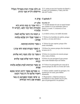 ÏÈÏ»‰¿ ÈÏ…"tw ƒ ˙…a¯ ÂÈ¯Á‡ eÎÏ≈Â 25
   ƒb«Â ƒÂ ¬Ó Â « »¬« ¿È «              25 Y venían en pos de él muchos de Qapoli y
                                        el Galil, de Yerushalem y Yudá y del otro
         .Ôc ¿i‰ ¯·Ú¿ ‡"„…ÈÂ ÌÏ˘e¯ÈÓ
           ≈¯ «« ∆≈Â »Â ¿ ≈¬ ƒ          lado del Yardén.



                             ‰ ˜¯t
                                ∆∆      Capítulo 5
                            ‚"È ˜ÏÁ
                                 ∆≈     Sección 13
                                        1 Y sucedió después de esto en aquel tiempo
       ‡¯iÂ«‡È‰‰ ˙Ú» ‰Ê È¯Á‡ È‰¿Â 1
        ¿« ƒ« ≈a ∆ ≈¬« ƒÈ «             que cuando él vio las multitudes subió al
  Â
  …Ï e·È¯˜« .·L≈Â ¯‰‰ ÏÚ«Â ˙…¯e·Á‰
        ¿¿ÈÂ¿ ∆È« »» «È ¿ Â ¬«          monte y se sentó. Y (vinieron) a él sus
                           ÂÈ„ÈÓ¿z
                              » ƒÏ «    discípulos

    .¯Ó‡Ï Ì‰ÈÏ‡ ¯a «ÈÂ«ÂÈt Áz¿ƒÂ 2
      … ≈ ∆ ≈¬ ≈cƒ ƒ «ÙÈ ¿              2 y él abrió su boca y les habló diciendo:

     ˙eÎÏÓ Ì‰»L Áe¯ ÈÏÙL È¯L«) 3
        ¿« ∆l ∆ « ≈» ∆ ≈¿‡              3 “(Felices los humildes de espíritu, porque
                                        de ellos es el reino del Cielo.)
                            (.ÌÈ «L
                               ƒÓ »
            .eÓÁe ¿L ÌÈÎ…Á‰ È¯L« 4
               ¬ i ∆ ƒÂ « ≈¿‡           4 “Felices los que esperan, porque ellos
                                        serán consolados.

    (.ı¯‡ eL¯È Ì‰L ÌÈÂ »¬‰ È¯L«) 5
       ∆» ¿ƒ ≈ ∆ ƒ Ú » ≈¿‡              5 (Felices los mansos porque ellos heredarán
                                        la tierra.) (6-7)
                              (6-7)
   .ÌÈ‰Ï‡ e‡¯È ‰n≈¿ ·l« ÈÎ¿ È¯L« 8
      ƒ…¡ ¿» »‰Â ≈‰ ≈Ê ≈¿‡              8 Felices los inocentes de corazón porque
                                        ellos verán a Elohim.
    ÌÈ‰Ï‡ È≈a ∆ Ì…ÏL ÈÙ„…¯ È¯L« 9
      ƒ…¡ ¿L Â » ≈ ¿Â ≈¿‡               9 Felices los que persiguen la paz porque
                                        ellos serán llamados hijos de Elohim.
                             .e‡¯˜ƒ
                                ¿»È
˙eÎÏÓ Ì‰»L ˜„v¿ ÌÈÙc ¿p « È¯L« 10
   ¿« ∆l ∆ ∆∆Ï ƒ »¯ ƒ‰ ≈¿‡              10 “Felices los perseguidos por causa de la
                                        justicia porque de ellos es el reino del Cielo.
                            .ÌÈ «L
                              ƒÓ »
ÌÎ˙‡ eÙ„‚È¿ eÙc ¿È ¯L¬« ÌÎÈ¯L« 11
 ∆¿ ∆ ¿ƒ Â« ¿¯ ƒ ∆‡k ∆ ≈¿‡              11 Felices ustedes cuando los persigan y los
                                        insulten por mi causa, pero hablen
    .e·f«¿ÂƒÈ„Ú¿ Ú¯ Ïk ÌÎÈÏ‡ e¯Ó‡È¿
       ¿ÎÈ ƒ≈a « … ∆ ≈¬ ¿ …Â            falsamente.
   „‡Ó ·¯ ÌÎ¯ÎO ∆ eÁÓN¿ eNÈN 12
    … ¿ » ∆ ∆»¿L ¿ ƒÂ ƒ                 12 Regocíjense y alégrense porque su
                                        recompensa es muy grande con el Cielo,
            .ÌÈ‡È·¿‰ eÙ„¯ Ôk ∆ ÌÈ «M«
               ƒ ƒp« ¿» ≈L ƒÓ »a        pues así persiguieron a los profetas”.




                                  18
 