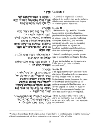 Â ˜¯t
                                               ∆∆      Capítulo 6
         È≈Ùƒ ÌÎ˙˜ ¿ˆ eNÚz ÔÙ e¯ÓMƒ 1
            ¿Ï ∆≈ »„ƒ ¬« ∆ ¿ »‰                        1 “Cuídense de no practicar su justicia
                                                       delante de los hombres para que los alaben; y
     ‰È¿ƒ …Ï eNÚz Ì‡¿ ÌÎ˙‡ Ïl«¿ Ì„‡‰
      ∆‰È Â     ¬« ƒÂ ∆¿ ∆ ≈‰Ï »»»                     si lo hacen no tendrán recompensa de parte
           .ÌÈ «M«L ÌÎÈ·‡ ˙‡Ó ¯ÎN ÌÎ»
             ƒÓ »a ∆ ∆ ƒ¬ ≈ ≈ »» ∆Ï                    de su Padre que está en el cielo”.

                                ‡"Î ˜ÏÁ
                                     ∆≈                Sección 21
        eNÚz ¯L¬« ÚeL≈ Ì‰» ¯Ó‡ „…Ú 2
          ¬« ∆‡k « È ∆Ï « » Â                          2 De nuevo les dijo Yeshúa: “Cuando
                                                       hagan justicia no quieran hacer una
              Êe¯k ¯È·Ú‰¿ eˆ¯z ‡… ‰˜ »ˆ
                 ¿ ƒ¬«Ï ¿ƒ Ï »„¿                       proclamación o [sonar] trompetas delante
      ÊÚÏ¿] ÌÈÙ≈Á‰ ÂÓk ÌÎÈ≈Ùƒ ˙…¯ˆ…ˆÁ«
       ≈…a ƒ ¬« … ¿ ∆ ¿Ï Â ¿Â ¬Â                       de ustedes como los janefim [en lengua
            Ì˙˜ ¿ˆ ÌÈNÂÚL [ÒÈË‡¯˜ÂtÈ‡
              » »„ƒ ƒ… ∆ ∆ »¿… ƒ                       extranjera, hipócritas], que hacen su
      Ì˙…‡ e‡¯iL „Ú¿ ÌÈ˜ ÂM«e ˙…·…Á¯a
       »Â     ¿ƒ∆ «a ƒe ƒ· Â Â ¿»                      justicia en las calles y en los mercados
                                                       para que los vean los hijos de los
        ¯·¿L ÌÎ» ¯Ó…‡ Èƒ‡ ÔÓ‡ .Ì„‡ È≈a
         »k ∆ ∆Ï ≈Â ¬ ≈ » »» ¿                         hombres. Verdaderamente les digo que
                             .Ì¯ÎN eÏa «
                               »»¿ ¿˜                  ellos han recibido ya su recompensa.
      Ú„È Ï‡ ‰˜ »ˆ ‰N¬z ¯L¬« Ìz«¿ 3
       «» « »„¿ ∆Ú « ∆‡k ∆‡Â                           3 Pero tú cuando hagas justicia, que no
                 »¿ÈÓ¿ ‰N¬« ‰Ó » ¿‡ÓN
                  Í ƒÈ ∆ÚÈ « ÍÏ … ¿                    sepa tu izquierda lo que hace tu derecha,

      ‰‡…¯‰ ¿ È·‡¿ ¯˙q« »¿˙Ó ˙…È‰ƒ 4
       ∆Â » Í ƒ»Â ∆ ≈a Í ¿ » Â ¿Ï                       4 para que tu dádiva sea en secreto y tu
                     » Ï ≈L¿ Â »Òp«
                   - .Í¿ Ìl «È ˙…¯z¿ƒ‰
                                                       Padre que ve las cosas ocultas te
                                                       recompensará”.

                                 ·"Î ˜ÏÁ
                                      ∆≈               Sección 22
        ÂÈ„ÈÓ¿˙¿ ÚLÂ‰È ¯Ó‡ ‡È‰‰ ˙Ú» 5
          » ƒÏ «Ï « À… « « » ƒ« ≈a                     5 En aquel tiempo dijo Yahoshúa18 a sus
                                                       discípulos: Cuando ustedes oren no alcen
       Ï‡¿ Ï…˜ eÓÈ¯z Ï‡ eÏl«˙z ∆ ‰ÚM«
         ∆Â Â      ƒ» ∆ ¿t ¿ ƒL » »a                   la voz y no sean como los tristes
            ÌÈ·‰…‡‰ ÌÈa«Ú‰ ÌÈÙ≈Á« eÈ‰z
               ƒ¬Â » ƒˆ¬» ƒ ¬k ¿ ƒ                     hipócritas que gustan de orar en las casas
           Ú…ˆ˜ ƒ·e ˙…iÒ≈k Èz»¿ Ïl«˙‰¿
           «Â ¿n« Â ƒ ¿ ≈·a ≈t ¿ ƒÏ                    de asamblea y en las esquinas de los
       eÚÓLƒL ˙…‰…·b« ÌÈÏ¿t ¿Óe ˙…¯ˆÁ
          ¿ ¿i ∆ Â Â ¿a ƒl«˙ ƒ Â ≈¬                    patios y orar con habla altisonante para
                                                       que los oigan y los alaben los hijos del
       ÌÎ» ¯Ó…‡ Èƒ‡ ÔÓ‡ .Ì„‡ È≈a eÁa «ÈÂ
        ∆Ï ≈Â ¬ ≈ » »» ¿ ¿L ƒ                          hombre. Verdaderamente les digo que
                     - .Ì¯k ∆ eÏa « ¯·¿L
                         ∆∆L ¿˜ »k ∆                   ellos han recibido ya su recompensa.

      ¯e‚Ò¿» ¿»L ƒ¿ ‡a » ¿∆t ¿‰¿ dzƒ¿ 6
         »Â Í·k ¿ÓÏ » ÍÏl«˙ƒa »‡Â                      6 Pero tú, cuando ores, ve a tu lecho y
         ¯˙Ò¿ » È·‡¿ Ïl«˙‰¿» „Ú« » È˙¿„
                                                       cierra las puertas tras ti, y ora a tu Padre
          ∆ ≈a Í ƒ»Ï ≈t ¿ ƒÂ Í ¿«a Í ∆Ï «              en secreto, y tu padre que ve en secreto te
           - .Í¿ Ìl «È ¯˙Ò¿ ‰‡…¯‰ ¿ È·‡¿
              » Ï ≈L¿ ∆ ≈a ∆Â » Í ƒ»Â                  recompensará.




18 Este es el único lugar donde se preservó en el texto hebreo el nombre original completo Yahoshúa, y
sólo en los manuscritos E y F. En el resto del texto se cambió a Yeshu o Yeshúa.

                                                  23
 