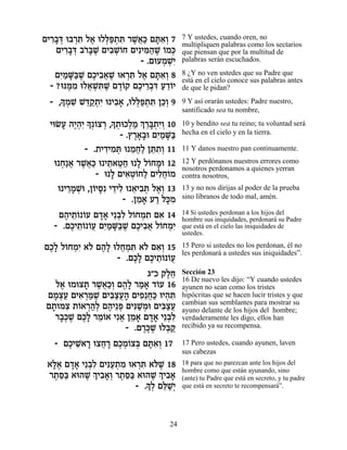 ÌÈ¯·c ea¯z Ï‡ eÏl«˙z ¯L¬« Ìzƒ¿ 7
  ƒ»¿ ¿ƒ ∆ ¿t ¿ ƒ ∆‡k »‡Â                7 Y ustedes, cuando oren, no
                                         multipliquen palabras como los sectarios
    ÌÈ¯·c ·¯»L ÌÈ·LÂÁ ÌÈƒÈn«L …Ók
       ƒ»¿ …a ∆ ƒ ¿…       ƒ‰ ∆ Â ¿      que piensan que por la multitud de
                          - .ÌeÚÓLƒ
                                ¿ ¿È     palabras serán escuchados.

    ÌÈ «M«L ÌÎÈ·‡L e‡¯z Ï‡ Ìzƒ¿ 8
     ƒÓ »a ∆ ∆ ƒ¬ ∆ ¿ƒ ∆ »‡Â             8 ¿Y no ven ustedes que su Padre que
                                         está en el cielo conoce sus palabras antes
  - ?epn ƒ eÏ‡L ƒL Ì„…˜ ÌÎÈ¯·c Ú„…È
        ∆Ó ¬ ¿z ∆ ∆Â ∆ ≈¿ƒ « ≈Â          de que le pidan?
     » ¿ ƒ ≈˜ ¿È ƒ» ¿t ¿ ƒ ≈Â
  - ,ÍÓL Lc «˙ƒ e È·‡ ,eÏl«˙z ÔÎ¿ 9      9 Y así orarán ustedes: Padre nuestro,
                                         santificado sea tu nombre,
  ÈeNÚ ‰È¿ƒ»¿…ˆ¯ ,Í˙eÎÏÓ ¿ ¯a ¿ƒÂ 10
      » ∆‰È Í Â ¿ » ¿ ¿« Í ≈»˙È¿         10 y bendito sea tu reino; tu voluntad será
                       - .ı¯‡»e ÌÈ «M«
                           ∆»· ƒÓ »a     hecha en el cielo y en la tierra.

             - .˙È„ÈÓz e ÓÁ« Ôz ƒ¿ 11
                  ƒ ƒ ¿ ≈ ¬Ï ≈˙Â         11 Y danos nuestro pan continuamente.

    e Á«‡ ¯L¬« e È˙‡ËÁ e » Ï…ÁÓe 12
      ¿ ¬ ∆‡k ≈ ¬« Ï Â »                 12 Y perdónanos nuestros errores como
                                         nosotros perdonamos a quienes yerran
                - e » ÌÈ‡Ë…ÁÏ ÌÈÏÁ…Ó
                    Ï ƒ¿Â « ƒ¬Â          contra nosotros,
     e È¯ÓL ,Ô…Èq È„ÈÏ e ‡È·z Ï‡¿ 13
        ≈» ¿e Â »ƒ ≈ ƒ ≈ ƒ¿ ∆Â           13 y no nos dirijas al poder de la prueba
                        - .ÔÓ‡ Ú¯ Ïk ƒ
                            ≈ » « »Ó     sino líbranos de todo mal, amén.

    Ì‰È˙… …Ú Ì„‡ È≈·ƒ Ï…ÁÓ˙ Ì‡ 14
      ∆ ≈Â Â »» ¿Ï Â ¿ ƒ ƒ               14 Si ustedes perdonan a los hijos del
                                         hombre sus iniquidades, perdonará su Padre
   - .ÌÎÈ˙… …Ú ÌÈ «M«L ÌÎÈ·‡ Ï…ÁÓƒ
       ∆ ≈Â Â¬ ƒÓ »a ∆ ∆ ƒ¬ Â ¿È         que está en el cielo las iniquidades de
                                         ustedes.

ÌÎ» Ï…ÁÓƒ ‡… Ì‰» eÏÁÓz ‡… Ì‡¿ 15
 ∆Ï Â ¿È Ï ∆Ï ¬ ¿ ƒ Ï ƒÂ                 15 Pero si ustedes no los perdonan, él no
                                         les perdonará a ustedes sus iniquidades”.
                  - .ÌÎ» ÌÎÈ˙… …Ú
                      ∆Ï ∆ ≈Â Â¬
                          ‚"Î ˜ÏÁ
                               ∆≈        Sección 23
                                         16 De nuevo les dijo: “Y cuando ustedes
   Ï‡ eÓeˆz ¯L¬«¿ Ì‰» ¯Ó‡ „…Ú 16
    ∆     » ∆‡ÎÂ ∆Ï « » Â                ayunen no sean como los tristes
 ÌÓˆÚ ÌÈ‡¯n ∆ ÌÈa«Ú‰ ÌÈÙ≈Á« eÈ‰z
  »¿« ƒ ¿«L ƒˆ¬» ƒ ¬k ¿ ƒ                hipócritas que se hacen lucir tristes y que
                                         cambian sus semblantes para mostrar su
 Ì˙enˆ ˙…‡¯‰¿ Ì‰È≈t ÌÈp «Óe ÌÈa«Ú
  » ƒ Â ¿«Ï ∆ ¿ ƒL ¿ ƒˆ¬                 ayuno delante de los hijos del hombre;
   ¯·¿L ÌÎ» ¯Ó…‡ Èƒ‡ ÔÓ‡ Ì„‡ È≈·ƒ
    »k ∆ ∆Ï ≈Â ¬ ≈ » »» ¿Ï               verdaderamente les digo, ellos han
                    - .Ì¯k ∆ eÏa «
                         ∆∆L ¿˜          recibido ya su recompensa.

   - ÌÎÈL » eˆÁ¯ ÌÎÓ…ˆa Ìzƒ¿ 17
      ∆ ≈‡¯ ¬ » ∆¿Â ¿ »‡Â                17 Pero ustedes, cuando ayunen, laven
                                         sus cabezas
 ‡l∆ Ì„‡ È≈·ƒ ÌÈp«˙Ó e‡¯z ‡…L 18
  »‡ »» ¿Ï ƒÚ ¿ ƒ ¿ƒ l ∆                 18 para que no parezcan ante los hijos del
 ¯˙q« ‡e‰L ¿ È·‡¿ ¯˙q« ‡e‰L ¿ È·‡
                                         hombre como que están ayunando, sino
  ∆ ≈a    ∆ Í ƒ»Â ∆ ≈a     ∆ Í ƒ»        (ante) tu Padre que está en secreto, y tu padre
                         » ¿ Ìl «È
                       - .ÍÏ ≈L¿         que está en secreto te recompensará”.




                                    24
 