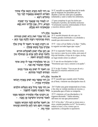 ÈÊeÁ‡ ÂÈÏ‡ e‡a«Â ·¯Ú‰ ˙Ú» È‰¿Â 16
   ≈ ¬ »≈ ¿È ¿ ≈»∆ ≈Ï ƒÈ «              16 Y sucedió en aquella hora de la tarde
                                        que le trajeron los poseídos por los
     ÏÎ¿ „·¿ …¯Ó‡Ó¿ Ìe‡t «ÈÂ ÌÈ„M«
      »Â «Ï Â » ¬ «a    ¿¯ ƒ ƒ≈‰        shedim y (él) los sanó por su palabra
                     - ‡ÙÈ¯ ÌÈÏ…Á‰
                         ≈ ƒ ƒÂ «       solamente y sanó a todos los enfermos,

     ‰È¿L¿ „È¿ ¯Ó‡∆L ‰Ó ¯…Ó‚¿ 17
      »Ú «È »a « ¡p ∆ « Â «Ï            17 para completar lo que fue dicho por
                                        Yeshayah el profeta, [de bendita memoria]:
     ‡N ‡e‰ e ÈÈ»Á ÔÎ‡ ,[Ï"Ê] ,‡È·»‰
      »»        ≈Ï√ ≈»           ƒp«    “Ciertamente nuestras enfermedades él llevó
                .ÌÏ»Ò ‡e‰ e È·…‡ÎÓe
                  »·¿        ≈Â ¿«      y nuestros dolores sufrió”.


                             „"Ï ˜ÏÁ
                                  ∆≈    Sección 34
                                        18 Y sucedió después de esto que vio
   ˙…¯e·Á ÚeL≈ ‡¯ÈÂ¿˙‡Ê È¯Á‡ È‰¿Â 18
    Â ¬ « È ≈» … ≈¬« ƒÈ «               Yeshúa grandes multitudes a su alrededor y
- .Ìi« ¯·Ú ˙Î∆» ‰e «ÈÂ ÂÈ˙…·È·Ò ˙…a¯
    »‰ «» ∆ÏÏ ∆ˆ ƒ »Â ƒ¿ Â «            mandó que atravesaran el mar.
 ¿ ≈‡ Ô…„‡ …Ï ¯Ó‡È¿ "‡ ÌÎÁ ·¯˜ƒ 19
 ÍÏ≈ Â » Â « …Â          »» «¿ÈÂ¿       19 Y vino a él un Sabio y le dijo: “Adón,
            - .Í≈z ∆ Ì…˜Ó ÏÎ¿ » È¯Á‡
               ¿ Ï ≈L Â » »a Í ∆¬«      te seguiré en todo lugar que vayas.”

     ÌÈ¯…Á ÌÈÏÚeM« ÚeL≈ ÂÈÏ‡ ÔÚ»Â 20
        ƒÂ   ƒ» Ï « È »≈ ≈È ¿           20 Y le respondió Yeshúa : Para las zorras
                                        hay cuevas y para las aves nidos, pero para el
  ÔÈ‡ ‰Ïe˙a« Ôa Ì„‡ Ôa«¿ ÌÈp ƒ ÛeÚÏ¿
    ≈ » ¿‰ ≈ »» ≈ÏÂ ƒ˜ »Â               Hijo del Hombre, el hijo de la virgen, no hay
                - .…L‡¯ ÒÈƒÎ‰¿ Ì…˜Ó
                    Â … ¿«Ï Â »         un lugar donde entrar su cabeza”.

  È˙…‡ ·eÊÚ …Ï ¯Ó‡ ÂÈ„ÈÓ¿z ƒ "‡Â 21
   ƒÂ     » Â « » » ƒÏ «Ó               21 Y uno de sus discípulos le dijo:
                                        “Permíteme que vaya y entierre a mi padre”.
            - .È·‡ ˙‡ ¯…a˜‡¿ ÛÏ‡L
                ƒ¬ ∆ Â ∆Â ∆∆ ∆
     ·eÊÚ¿ È¯Á‡ ‡a ÚeL≈ …Ï ¯Ó‡È¿ 22
        »Â ≈¬« » « È Â « …Â             22 Y le dijo Yeshúa: “Ven en pos de mí y
                                        deja que los muertos entierren a sus
             - .Ì‰È˙Ó ¯…a˜ƒ ÌÈ˙n«
                 ∆ ≈ ≈ Â ¿Ï ƒ ≈‰        muertos”.

                           ‰"Ï ˜ÏÁ
                                 ∆≈     Sección 35
 e‡…·È¿ ‰i √» ÚeL≈ e‡a ¯L¬« È‰¿Â 23
   Â »Â »ƒ‡a « È » ∆‡k ƒÈ «             23 Y sucedió que cuando entró Yeshúa
                                        en el bote, vinieron sus discípulos tras él.
                   - .ÂÈ¯Á‡ ÂÈ„ÈÓ¿z
                        »¬« » ƒÏ «
 ÌÈÎ¿…‰ ÌÈl«‰¿ Ìi« Ï…„b ¯ÚÒ È‰¿Â 24
   ƒÏÂ     ƒb«Â »a Â » «» ƒÈ «           24 Y hubo una gran tempestad en el mar,
                                        y las olas se venían encima en exceso, y
        - .¯·Mƒ¿ ‰·L» ‰i √‰¿ „‡Ó
            ≈ »‰Ï » ¿Á »ƒ‡»Â … ¿        se pensaba que el bote se rompería.
epn ƒ eLw«ÈÂ ÂÈ„ÈÓ¿z ÂÈÏ‡ e·¯˜ƒ 25
  ∆Ó ¿· ƒ » ƒÏ « »≈ ¿¿ÈÂ¿               25 Y vinieron a él sus discípulos y le
                                        rogaron diciendo: “Adón nuestro,
    - .„·‡∆ Ôt e ÚÈLÂ‰ e È≈…„‡ ¯Ó‡Ï
        «¡ » » ƒ…          Â ¬ … ≈      sálvanos no sea que perezcamos”.

  Èp«w ƒ e‡¯˙z ‰n» Ì‰ÈÏ‡ ¯Ó‡È¿ 26
   ≈Ë ¿Ó »¿ ƒ »Ï ∆ ≈¬ « …Â              26 Y él les dijo: “¿Por qué se miran unos a
                                        otros, ustedes pequeños en fe?” Se levantó y
 eÁe »L ˙…Áe¯Ï¿ Ìi« …ˆÈ¿ ÌwƒÂ ?‰«Ó‡
     i ∆ Â »Â »Ï Â ƒÂ … È¿ À ∆          ordenó al mar y a los vientos que se
                         - .eÁ» „i ƒe
                                 »Ó     aquietaran y enseguida se aquietaron.




                                   31
 